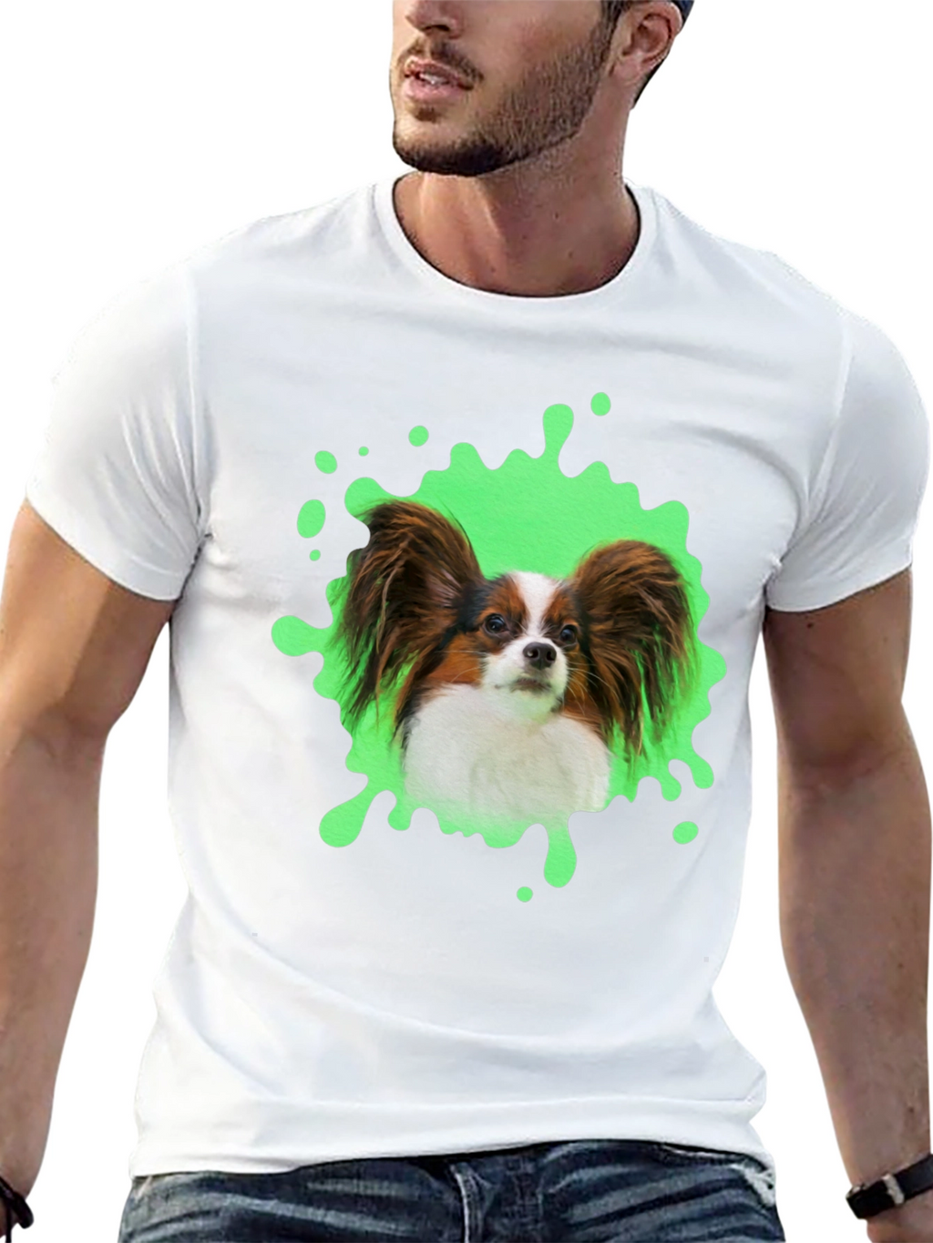 Papillon Dog T-Shirt: Funky Green Splatter Design