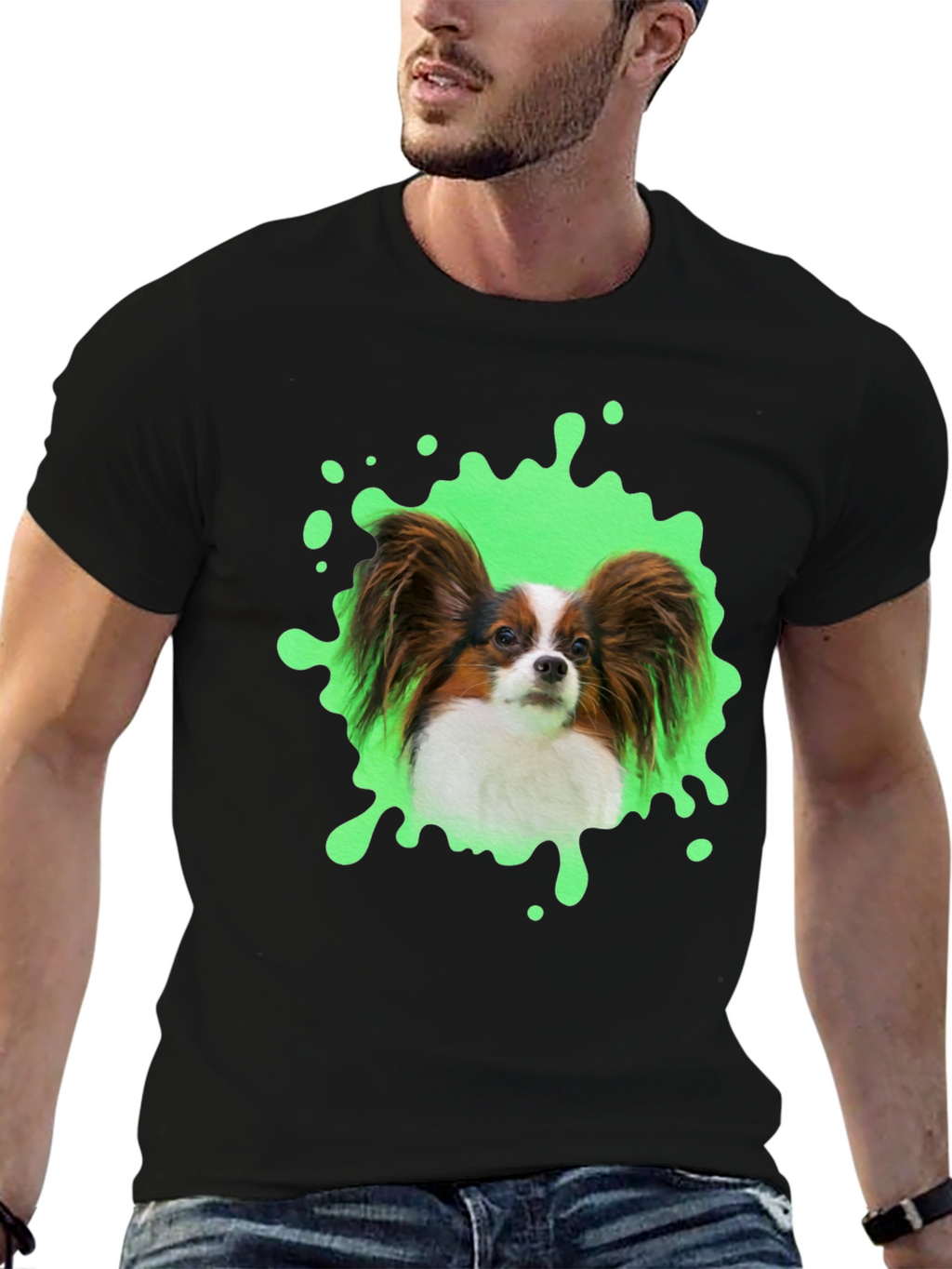 Papillon Dog T-Shirt: Funky Green Splatter Design