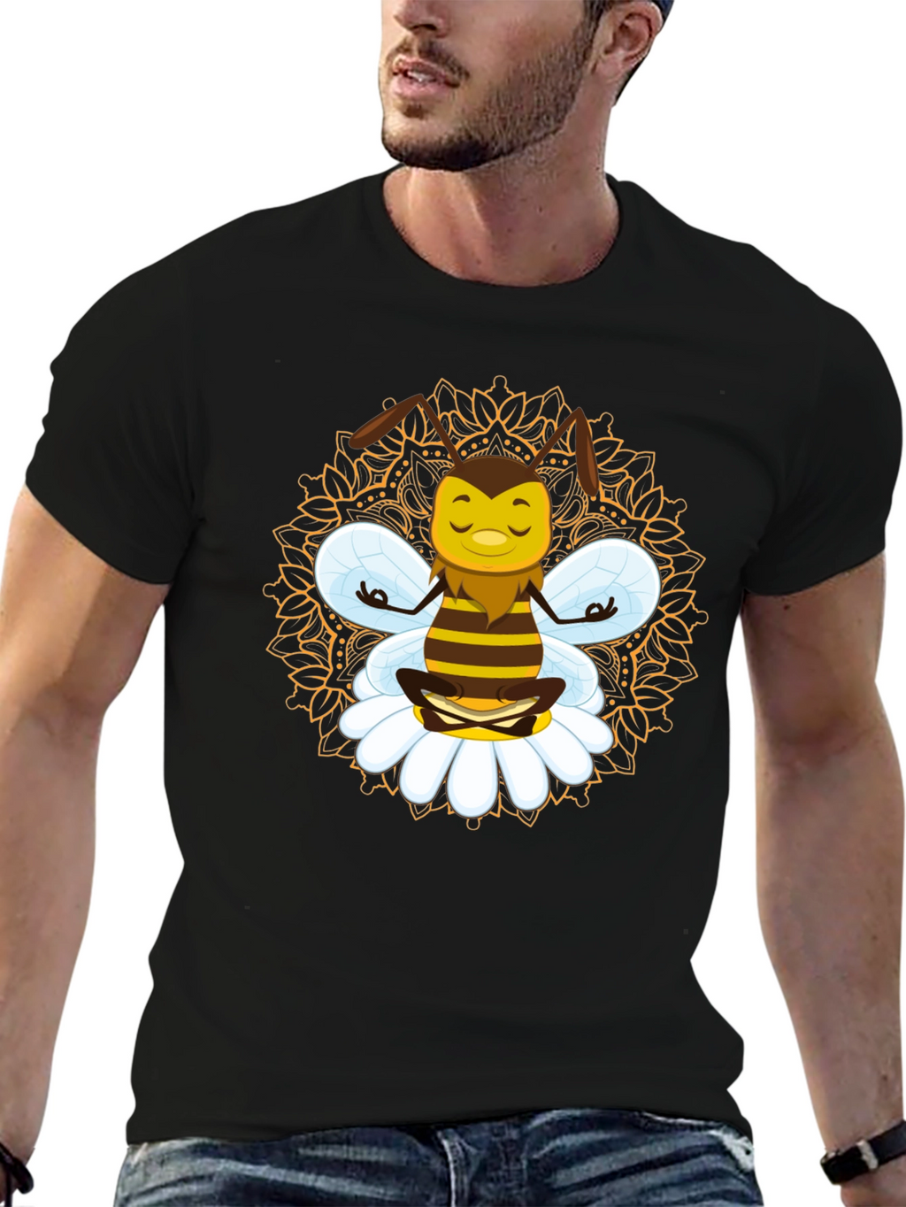 Zen Bee Mandala Graphic Tee - Black Cotton T-Shirt