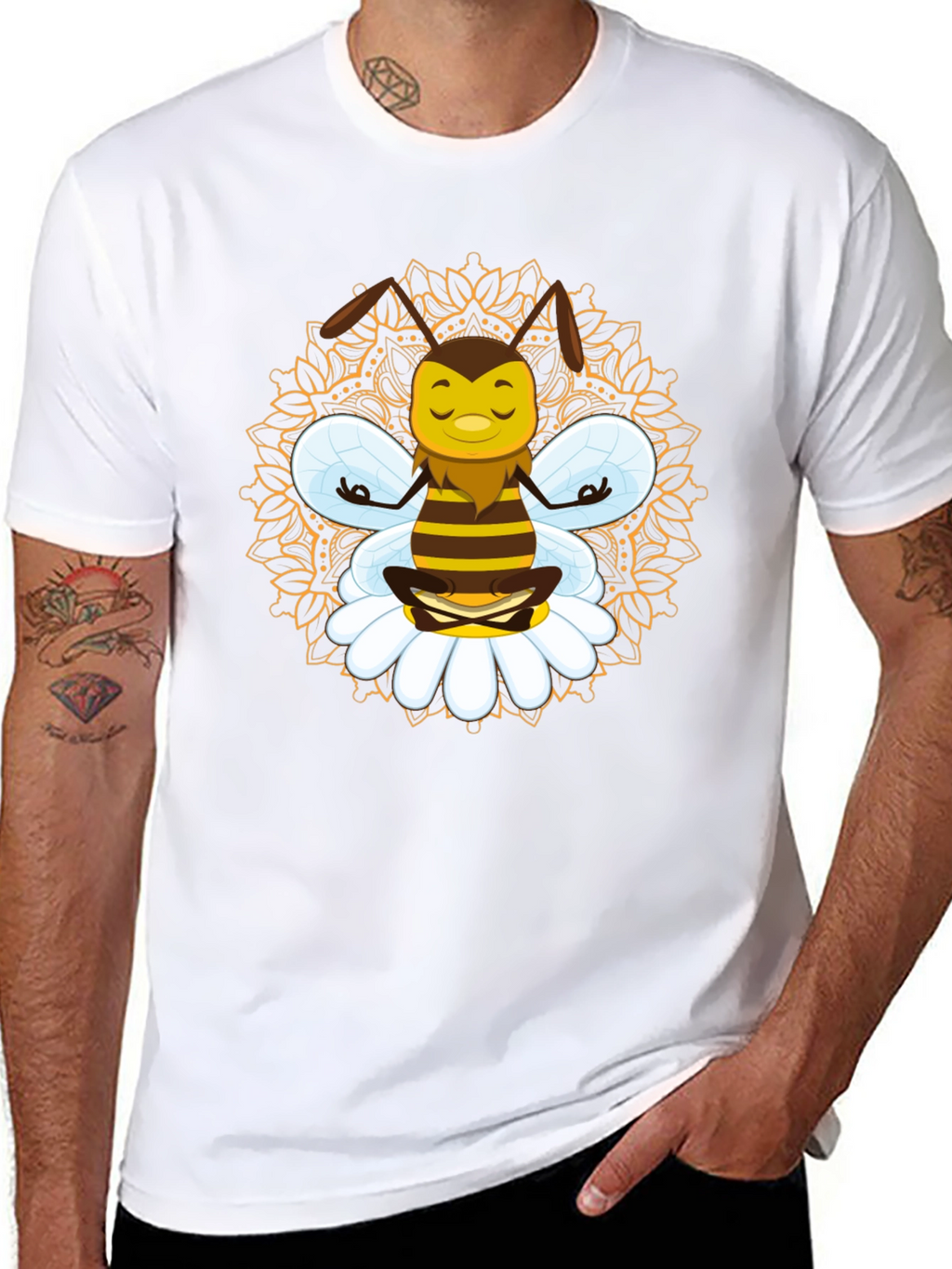 Zen Bee Mandala Graphic Tee - Black Cotton T-Shirt