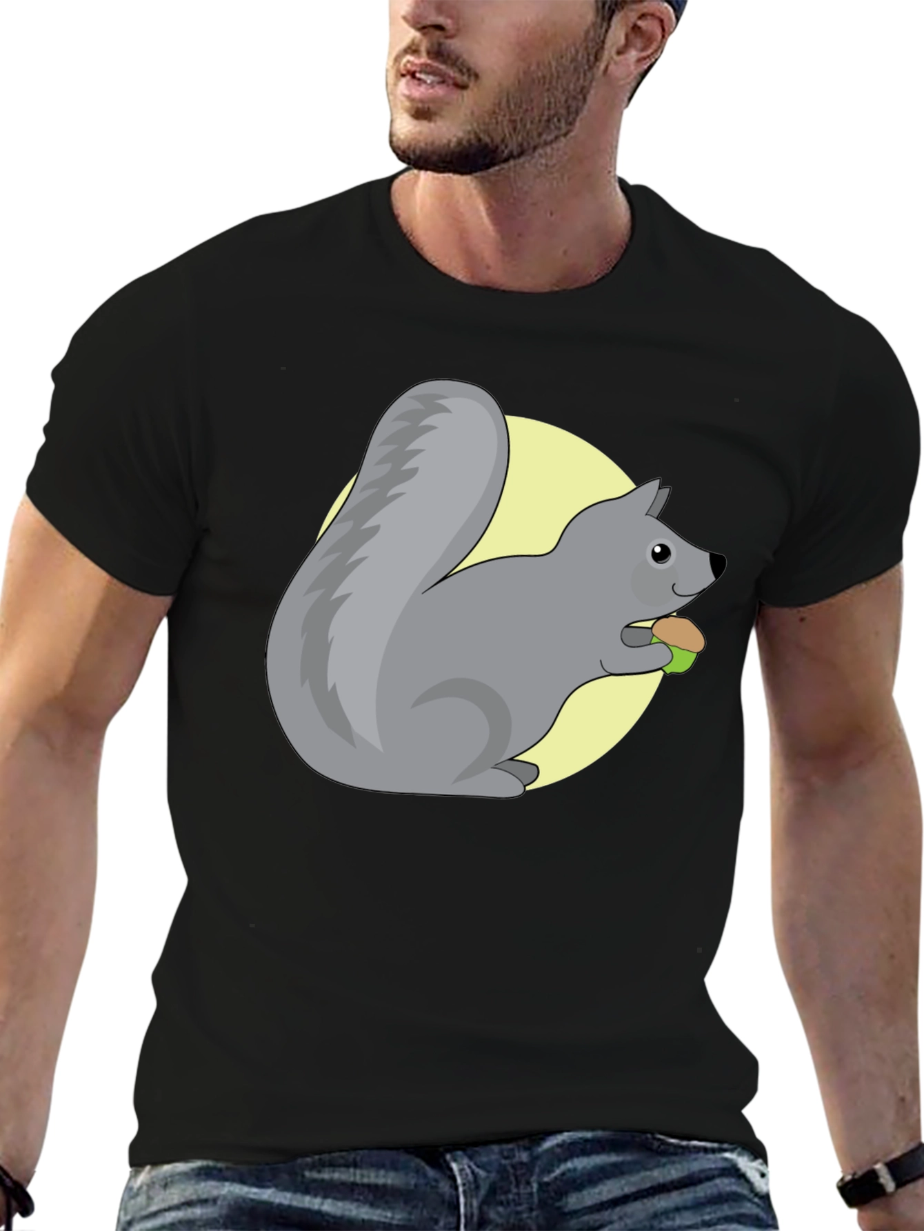 Cute Squirrel Eating Nut Graphic Tee - Black