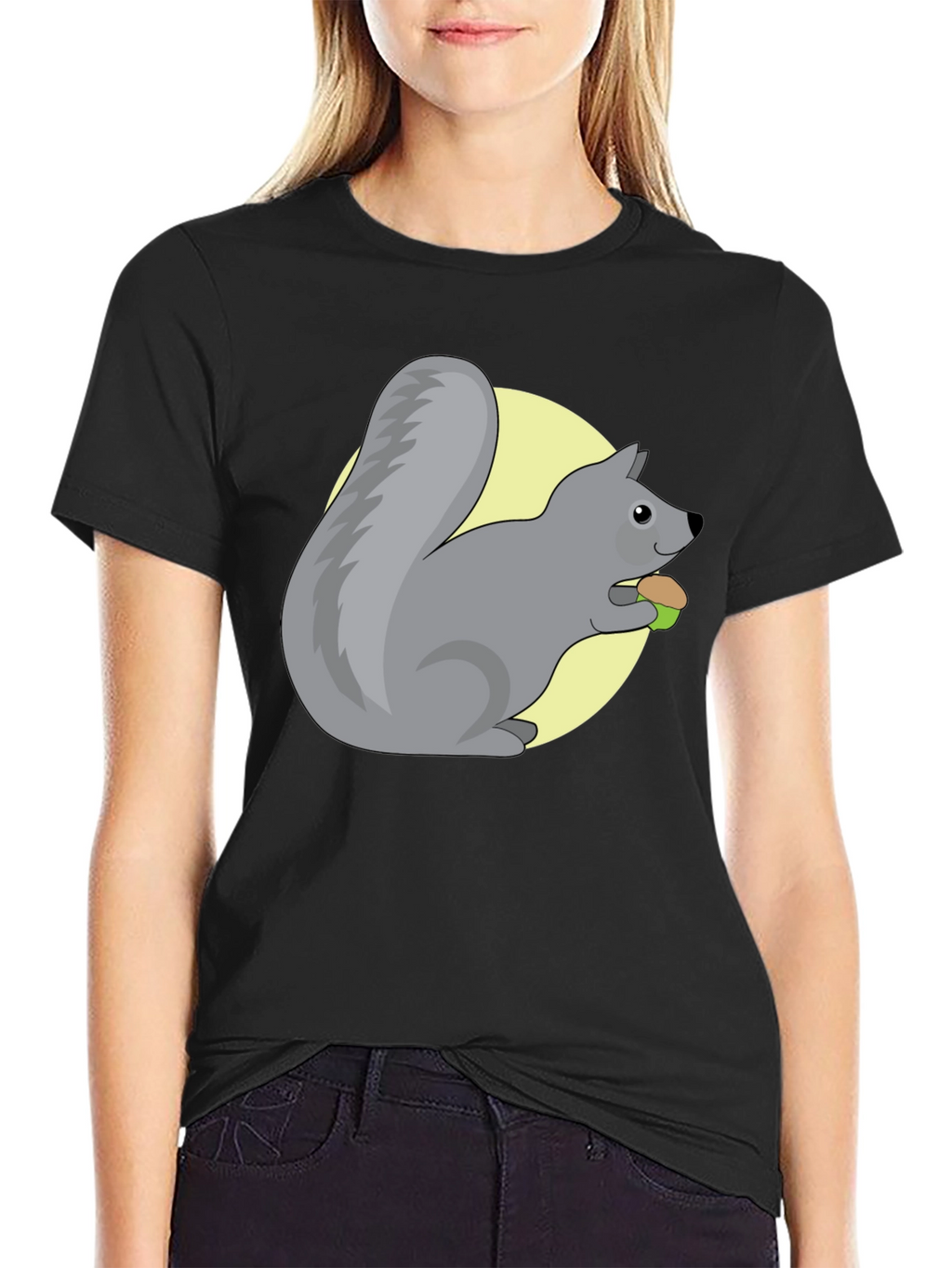Cute Squirrel Eating Nut Graphic Tee - Black