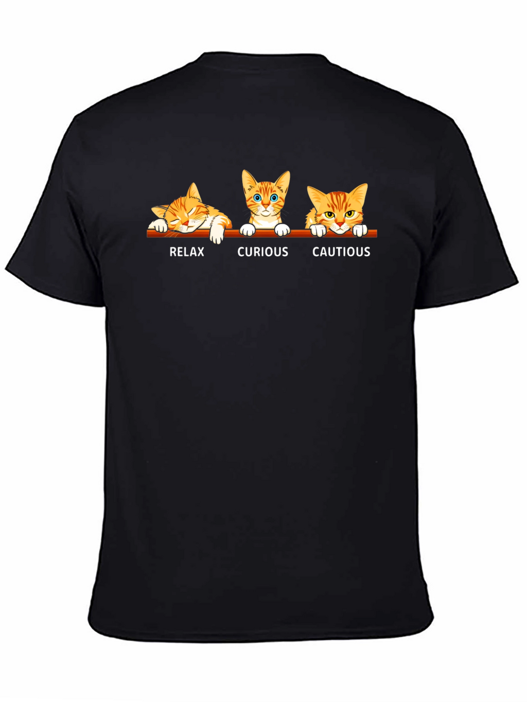 Cat Moods Black T-Shirt: Relax Curious Cautious