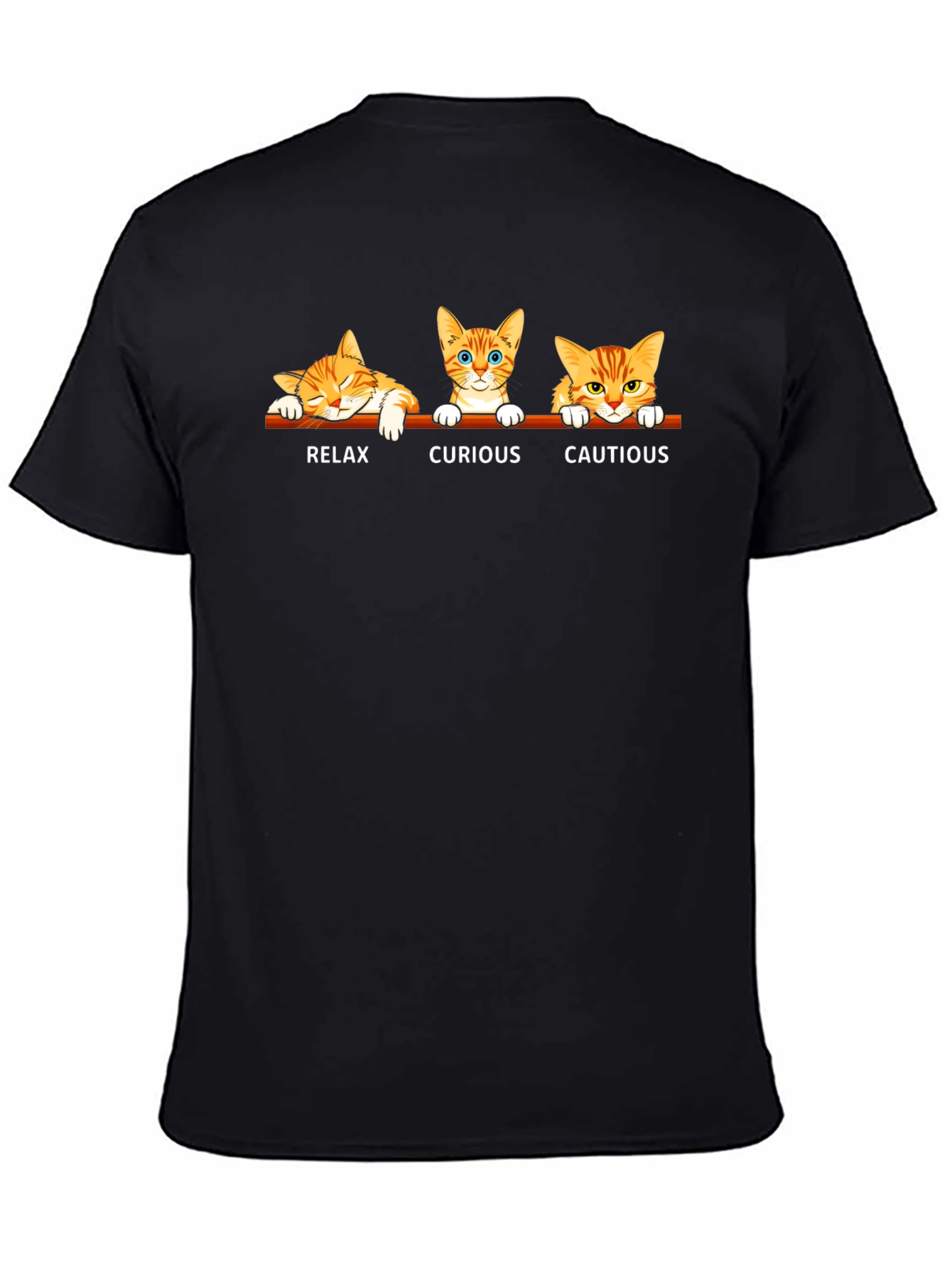 Cat Moods Black T-Shirt: Relax Curious Cautious