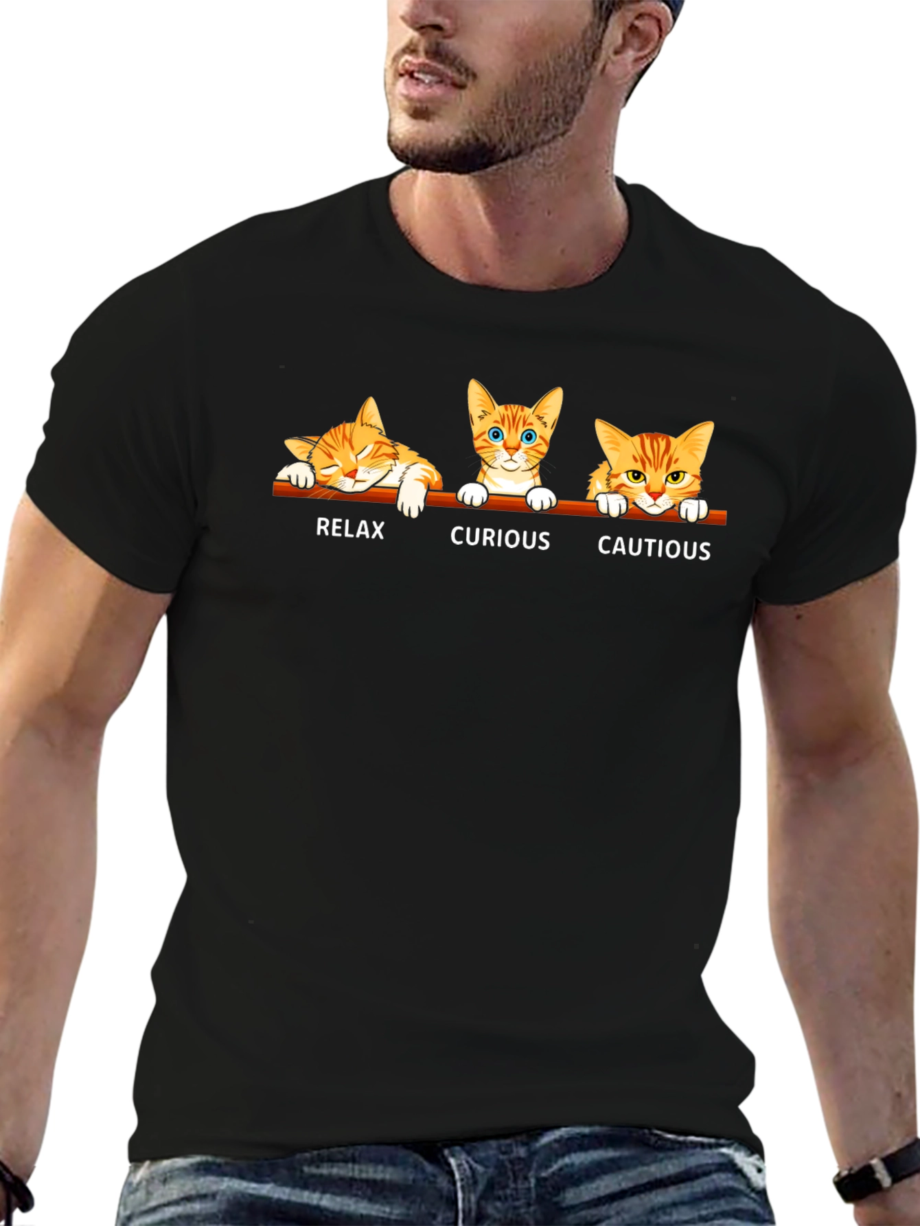 Cat Moods Black T-Shirt: Relax Curious Cautious