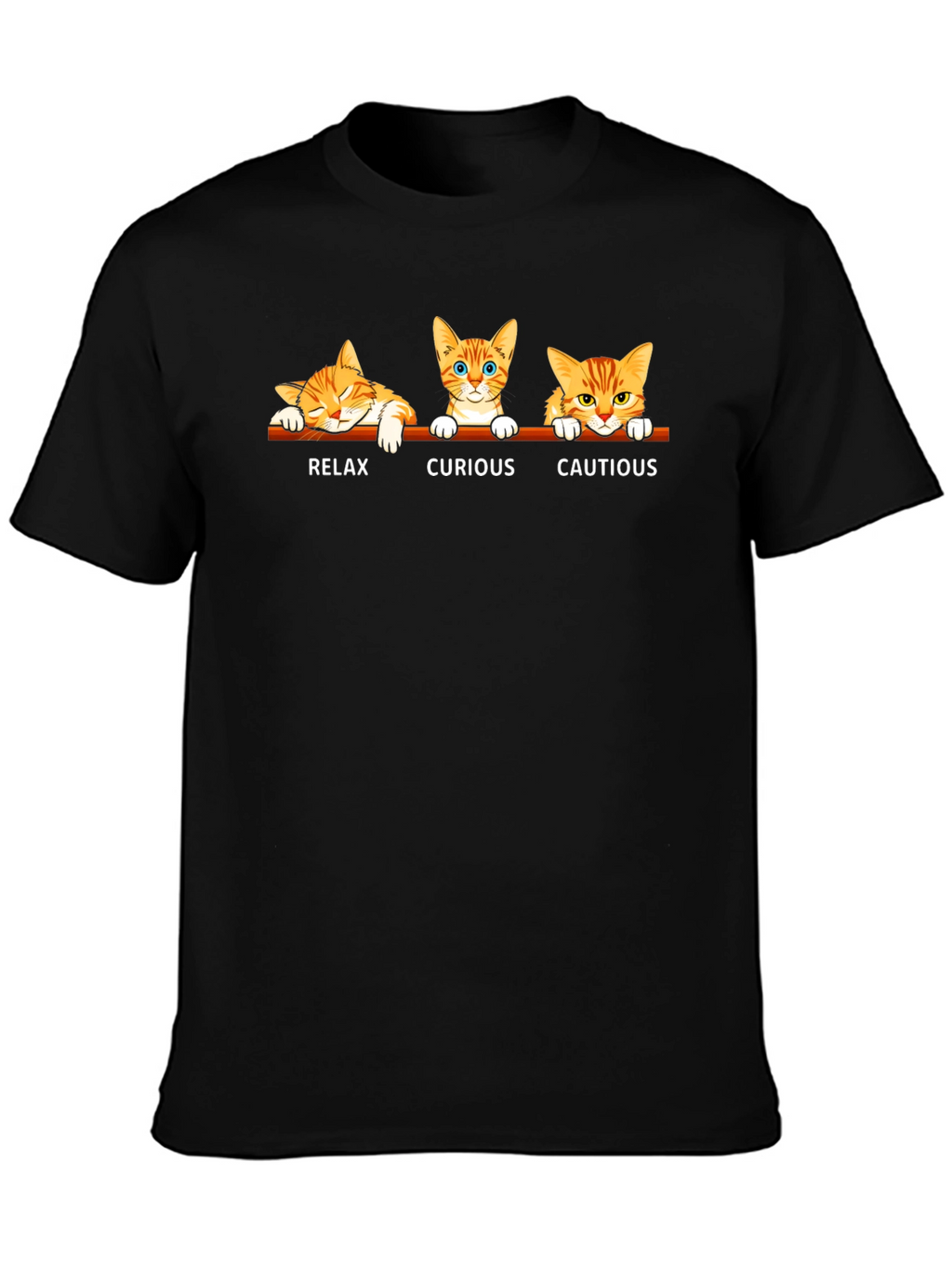 Cat Moods Black T-Shirt: Relax Curious Cautious