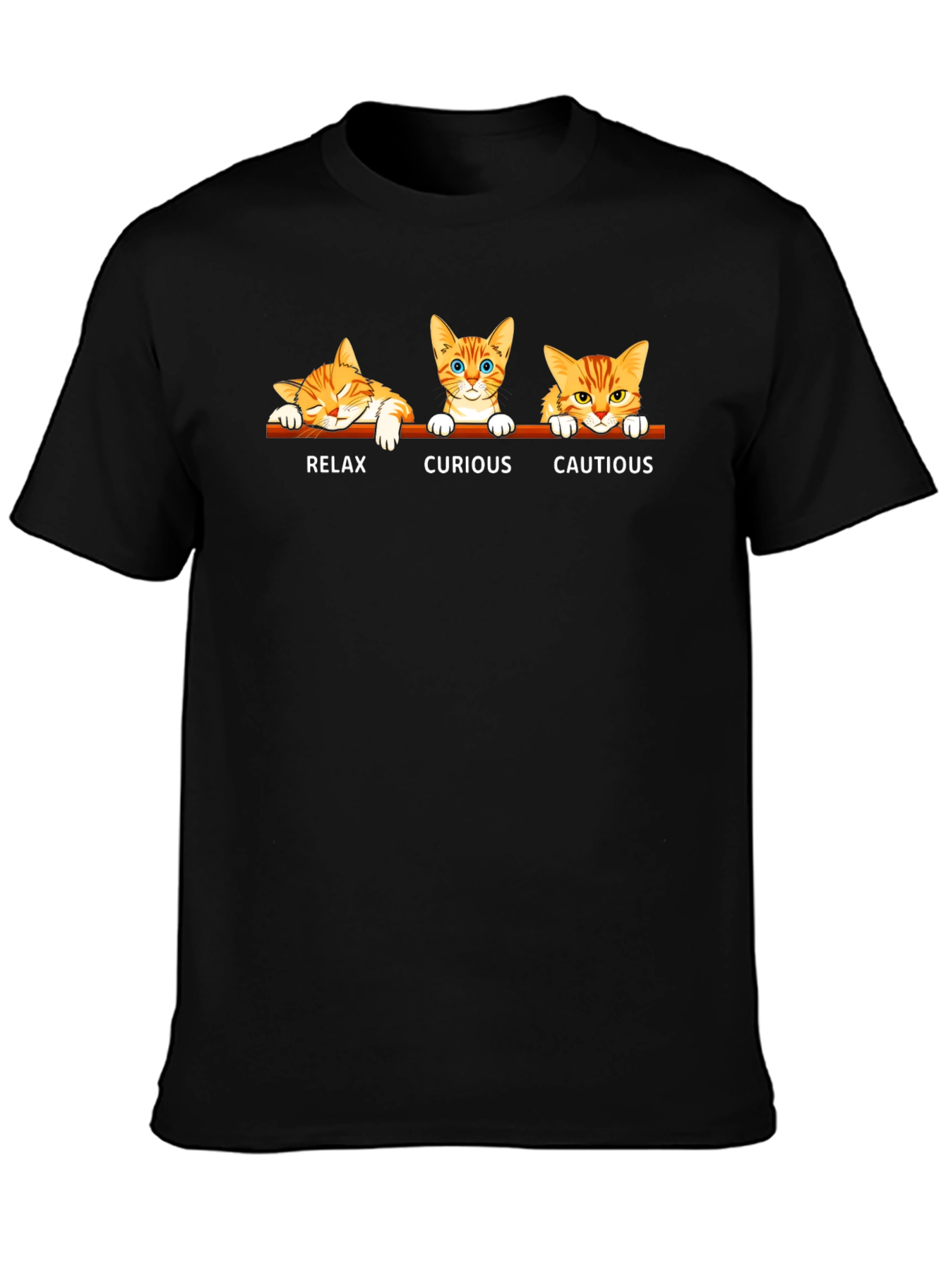 Cat Moods Black T-Shirt: Relax Curious Cautious