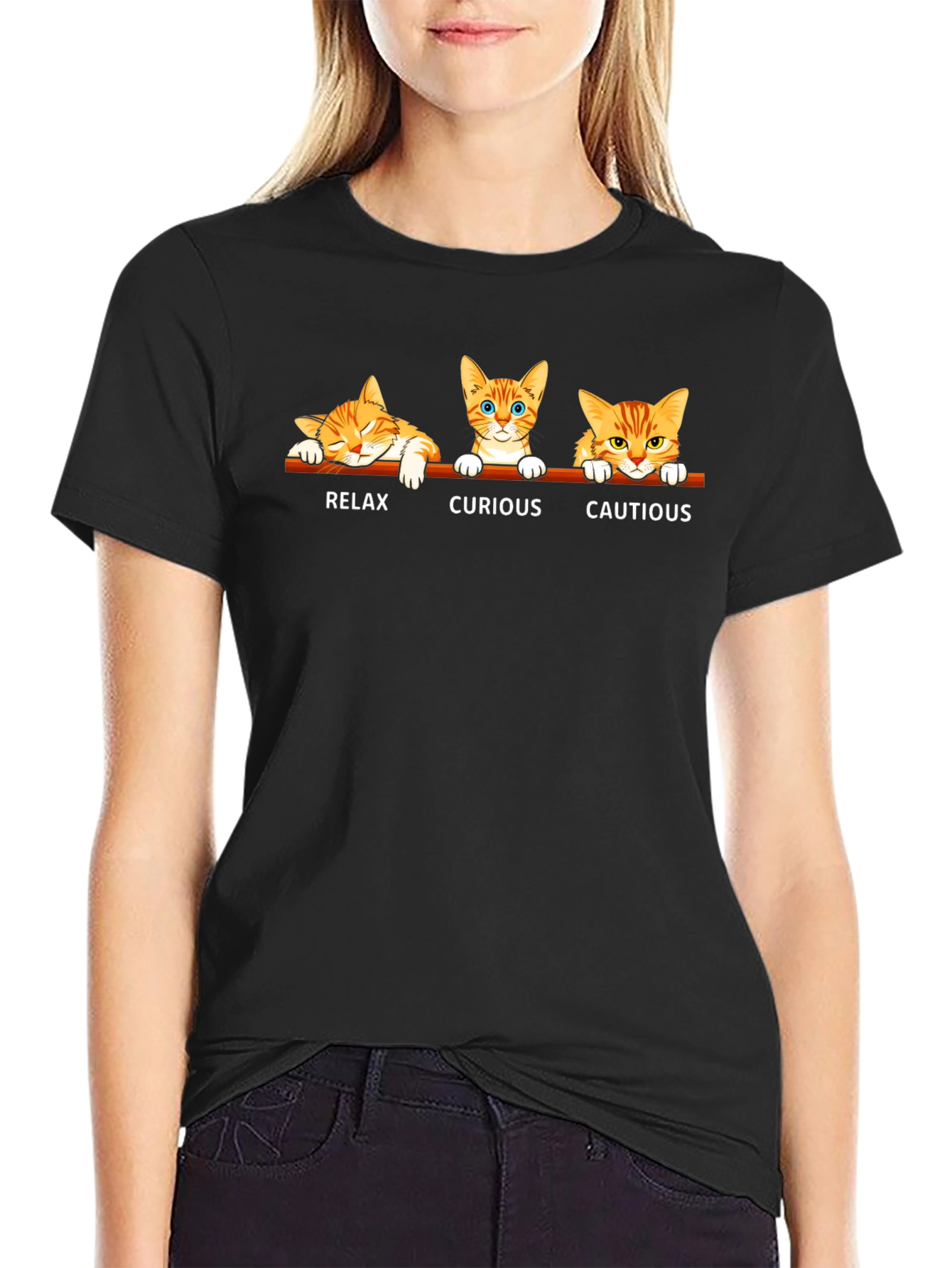 Cat Moods Black T-Shirt: Relax Curious Cautious