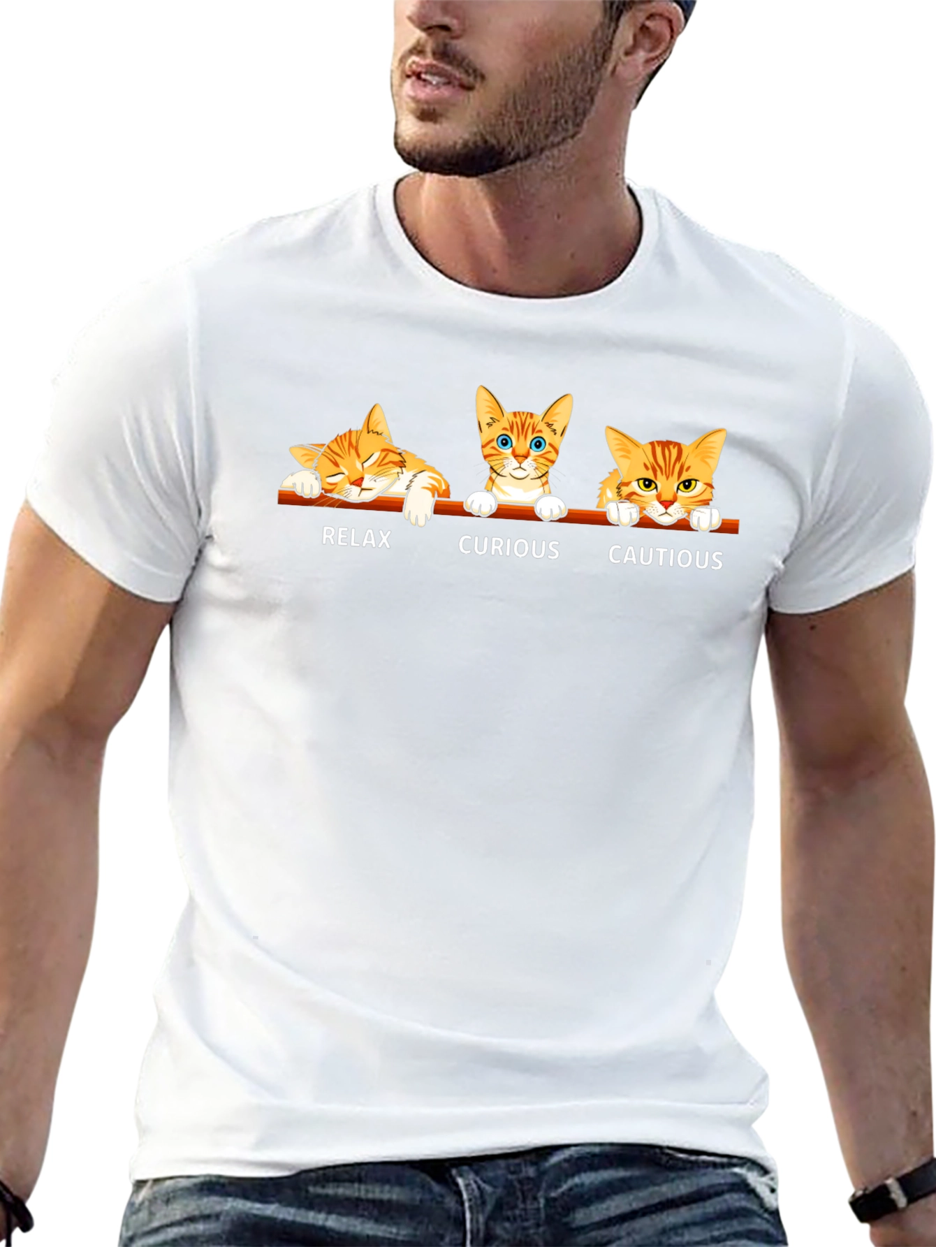 Cat Moods Black T-Shirt: Relax Curious Cautious