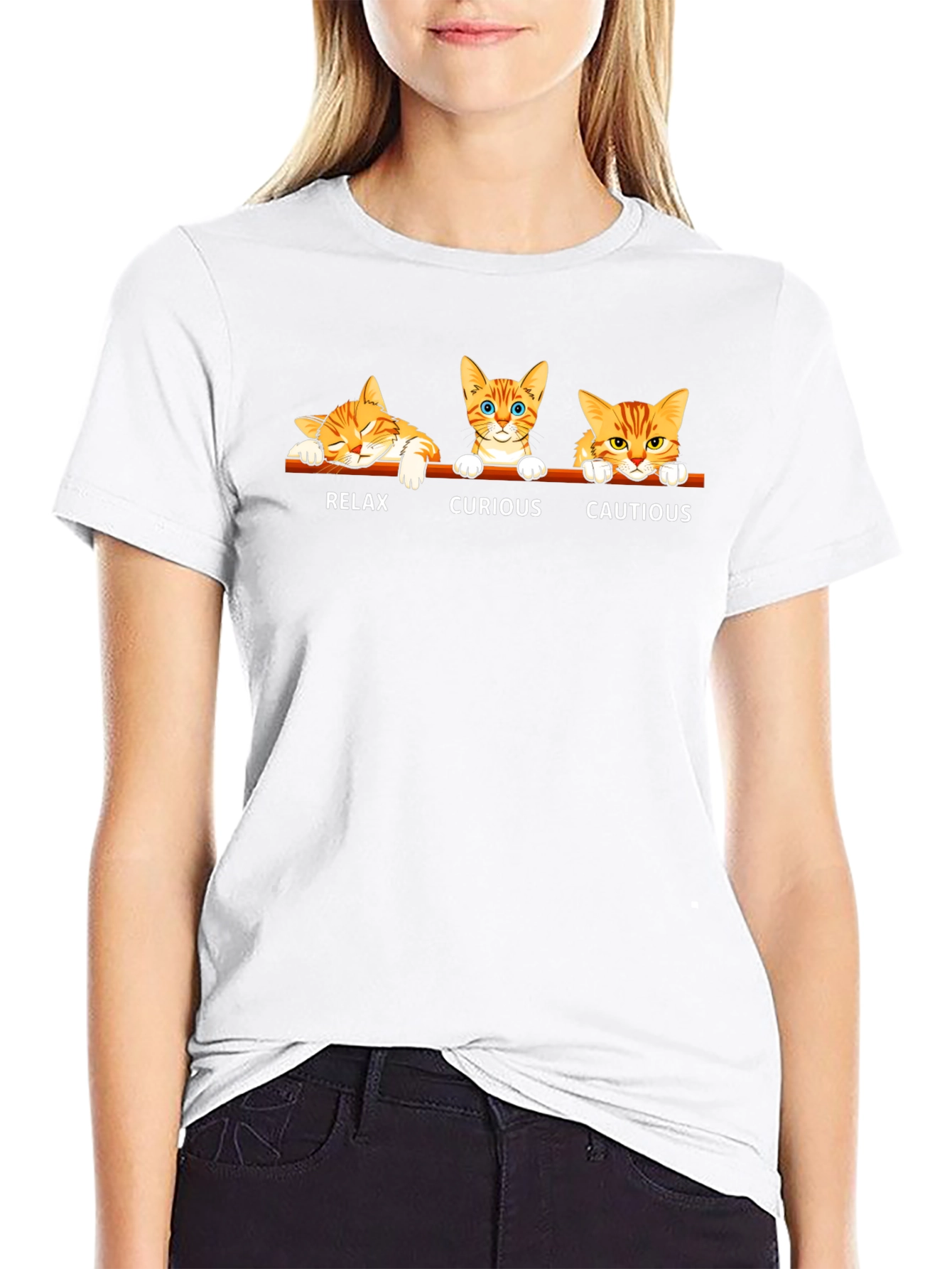 Cat Moods Black T-Shirt: Relax Curious Cautious