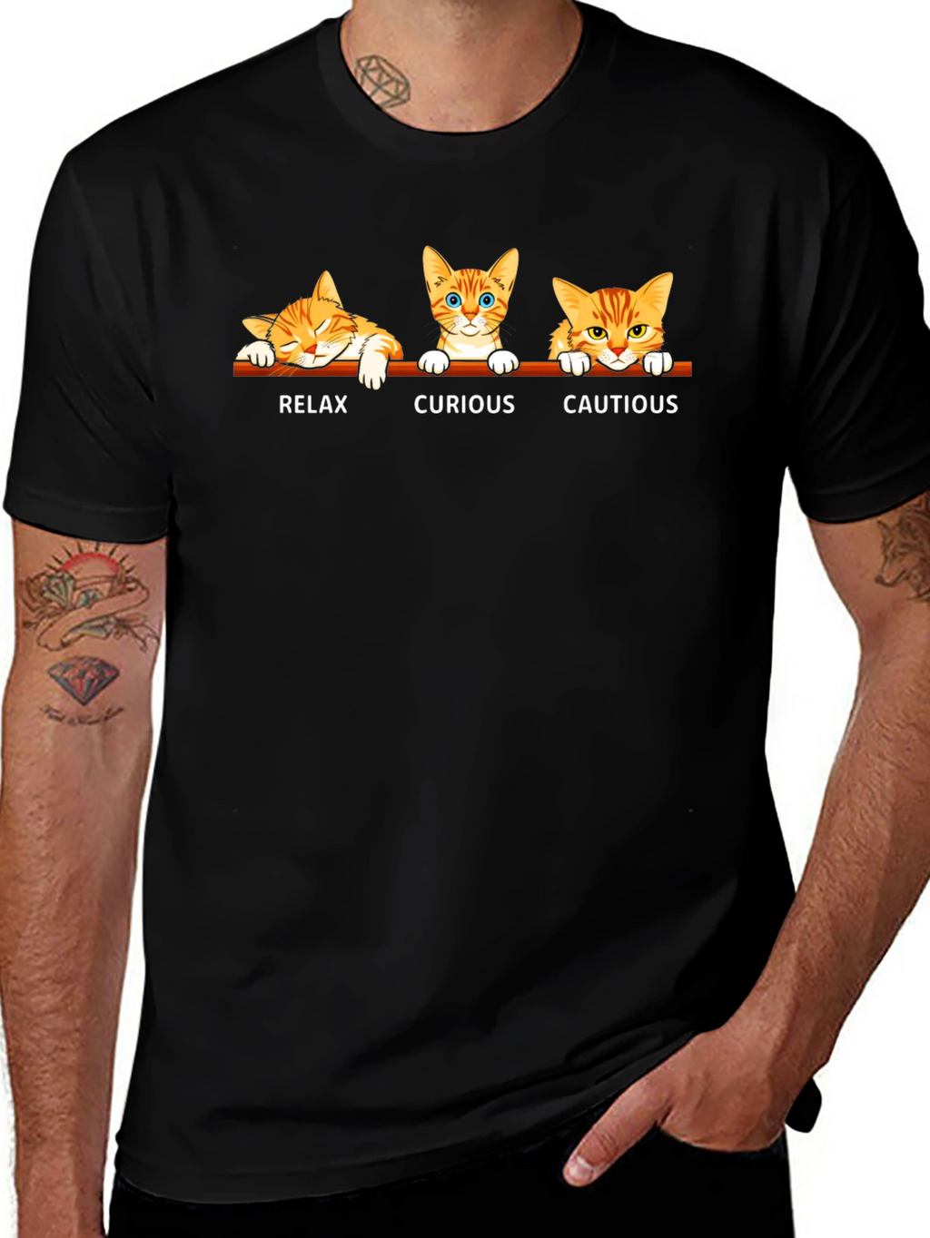 Cat Moods Black T-Shirt: Relax Curious Cautious