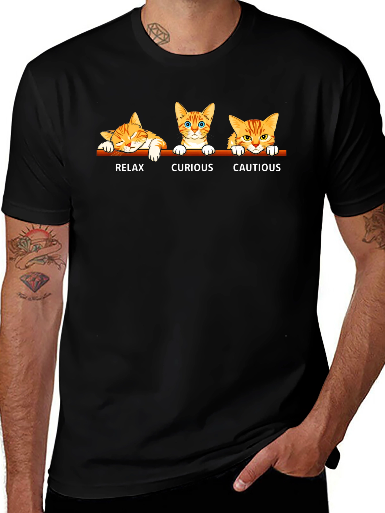 Cat Moods Black T-Shirt: Relax Curious Cautious