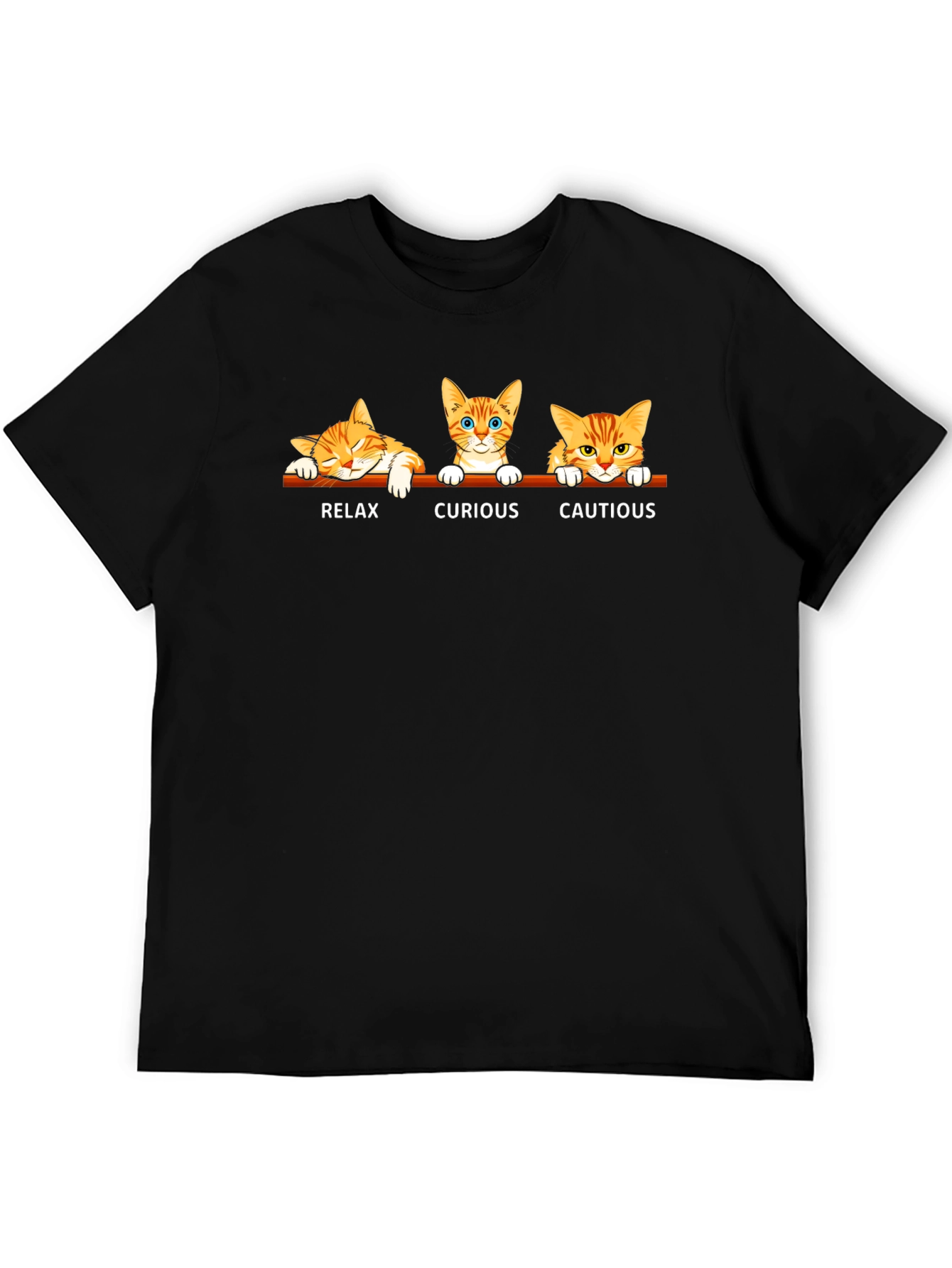 Cat Moods Black T-Shirt: Relax Curious Cautious