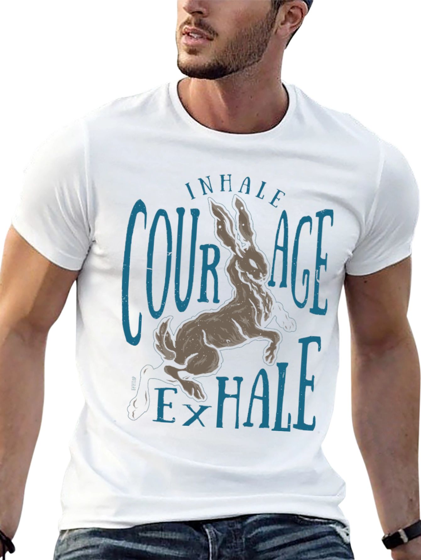 Inhale Courage T-Shirt Rabbit Graphic Tee Black Cotton Shirt