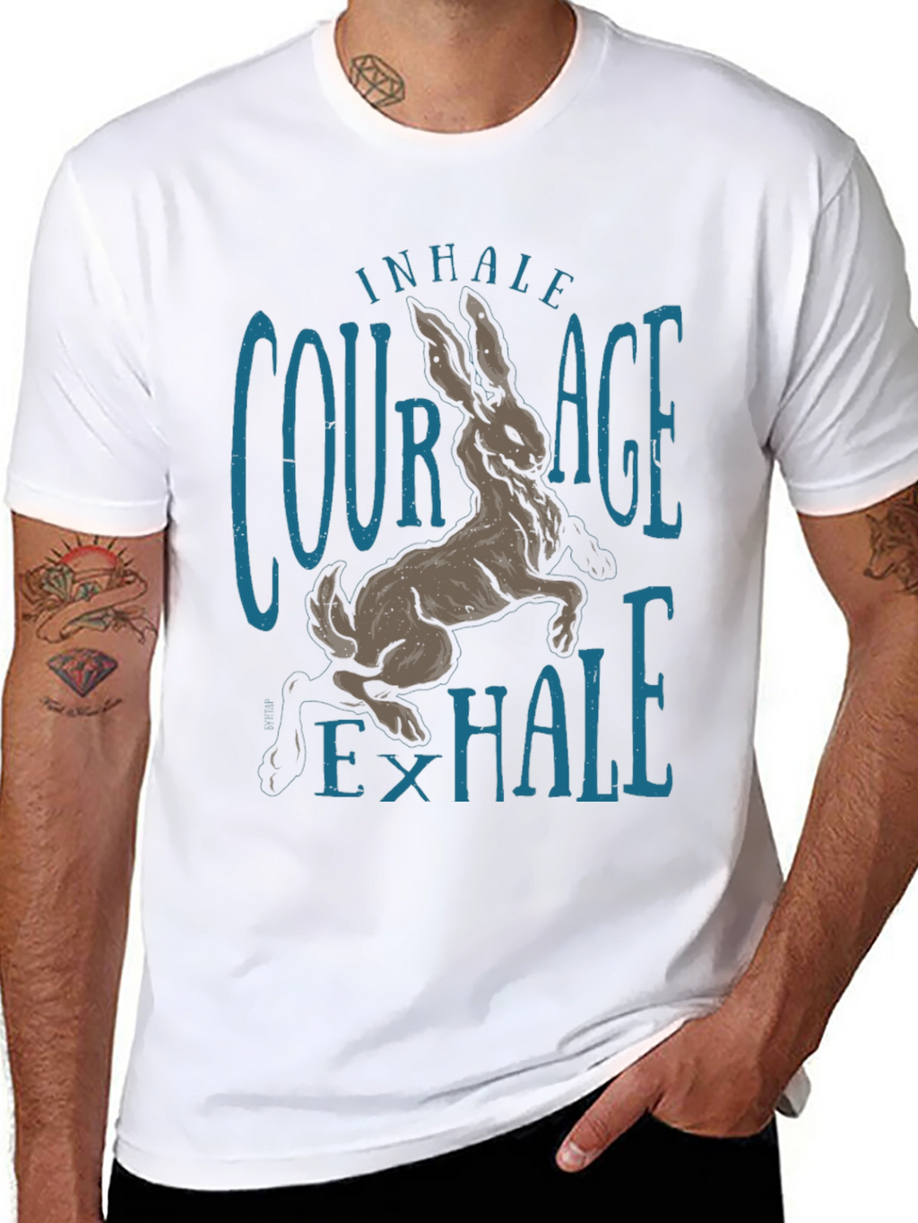 Inhale Courage T-Shirt Rabbit Graphic Tee Black Cotton Shirt