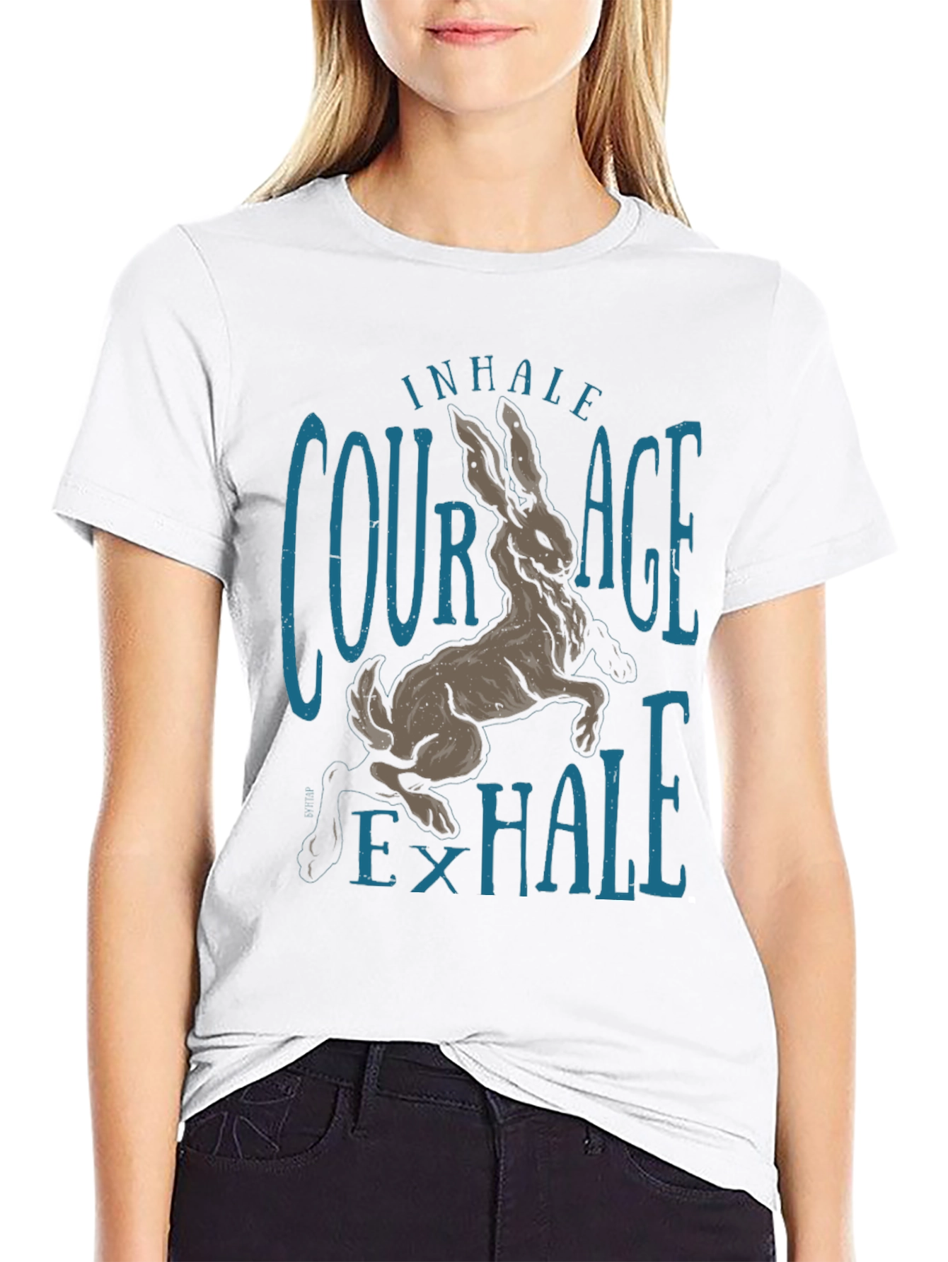 Inhale Courage T-Shirt Rabbit Graphic Tee Black Cotton Shirt