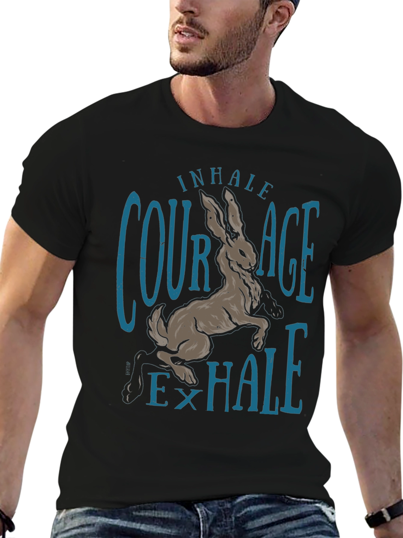Inhale Courage T-Shirt Rabbit Graphic Tee Black Cotton Shirt