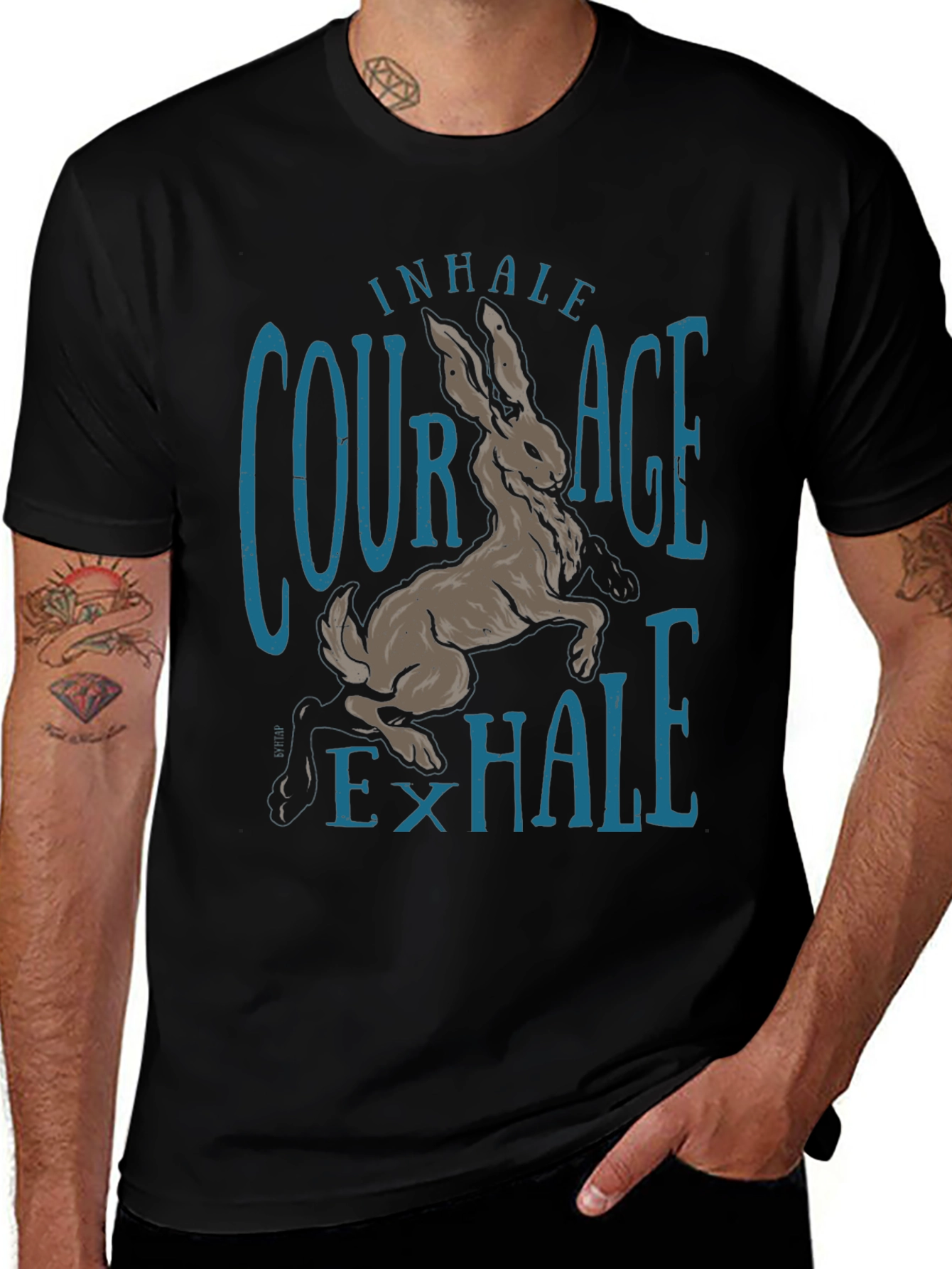 Inhale Courage T-Shirt Rabbit Graphic Tee Black Cotton Shirt