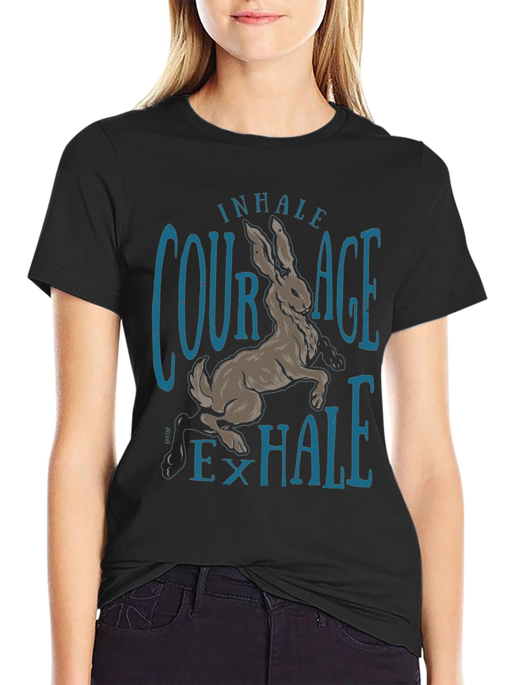 Inhale Courage T-Shirt Rabbit Graphic Tee Black Cotton Shirt