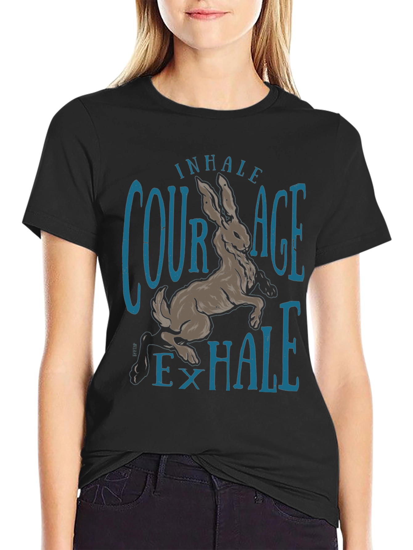 Inhale Courage T-Shirt Rabbit Graphic Tee Black Cotton Shirt