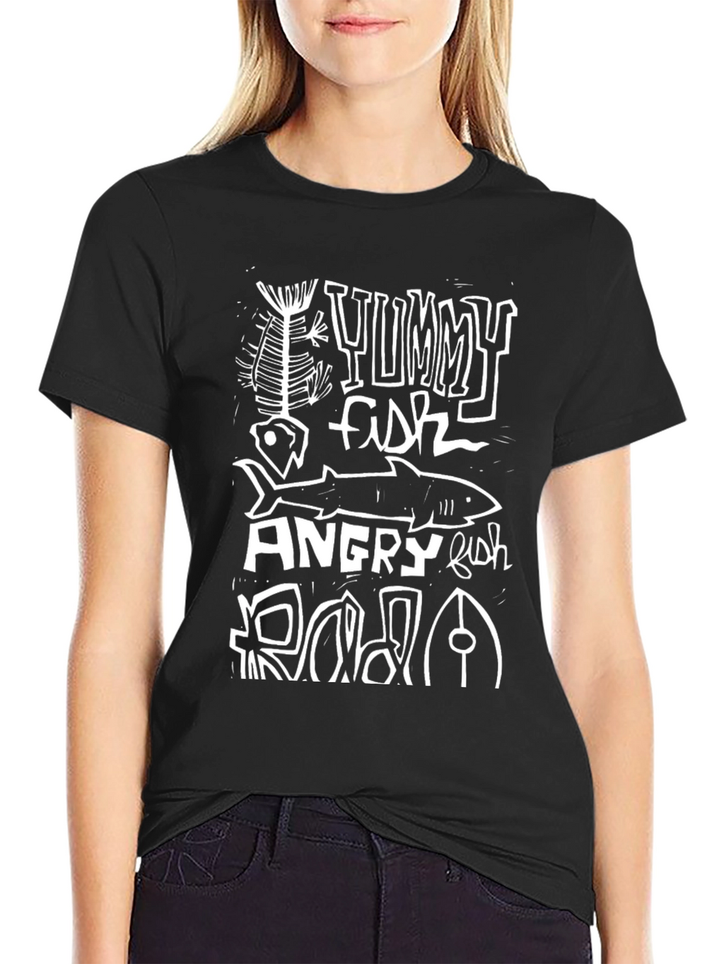 Yummy Fish Angry Fish Graphic Black T-Shirt