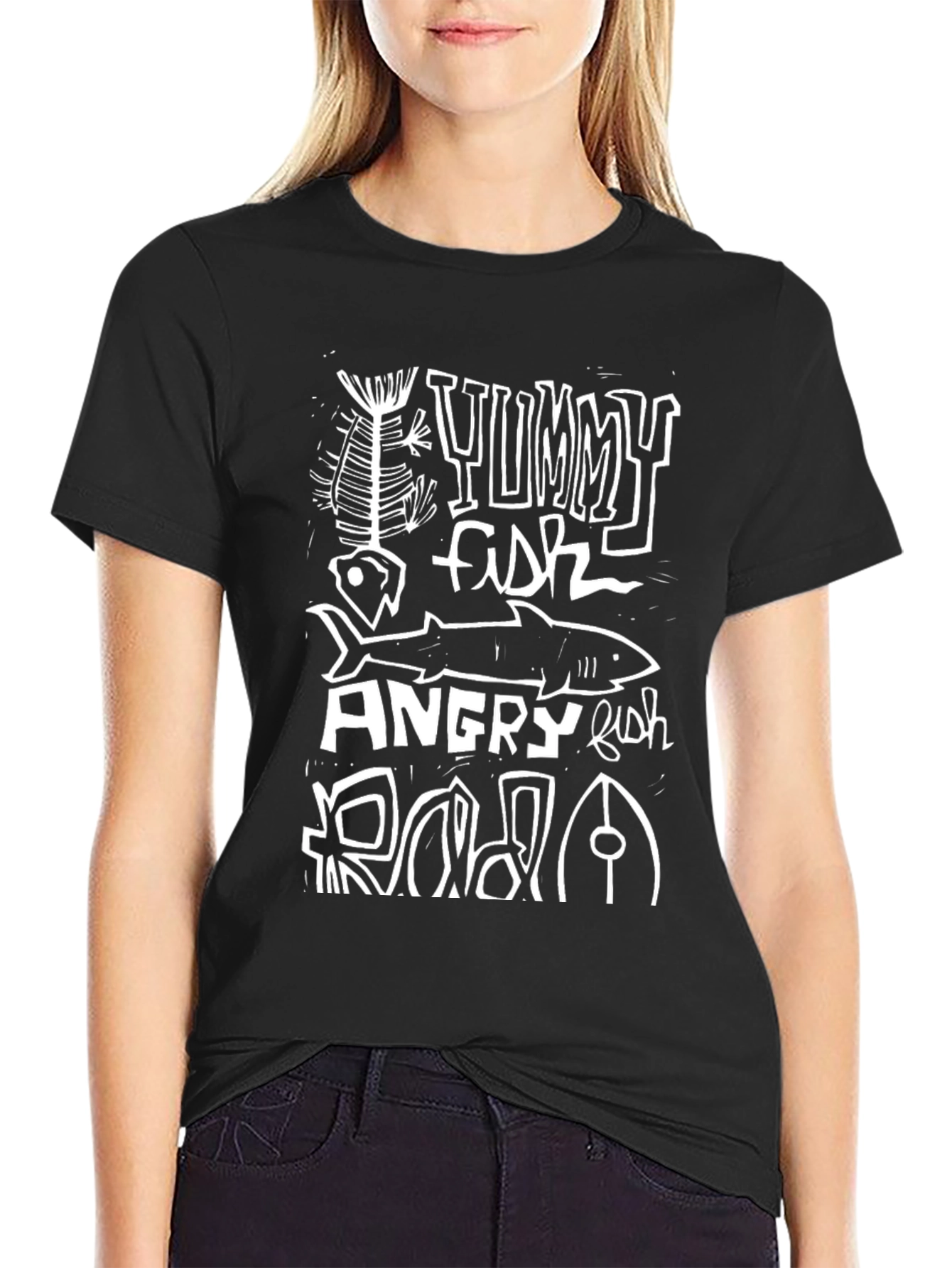 Yummy Fish Angry Fish Graphic Black T-Shirt