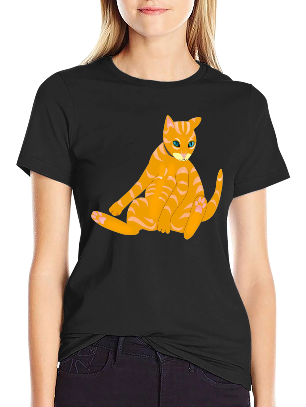 Orange Cat Graphic T-Shirt - Black