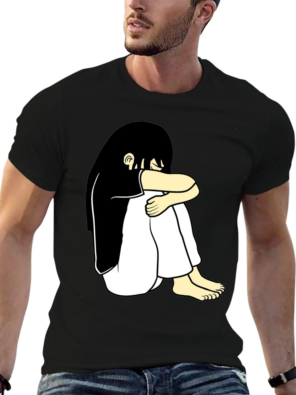Black T-Shirt with Cartoon Girl Design