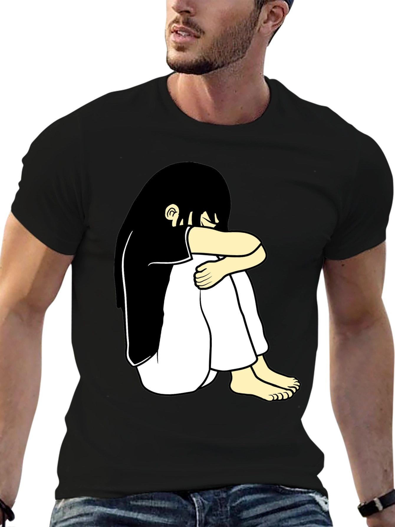 Black T-Shirt with Cartoon Girl Design