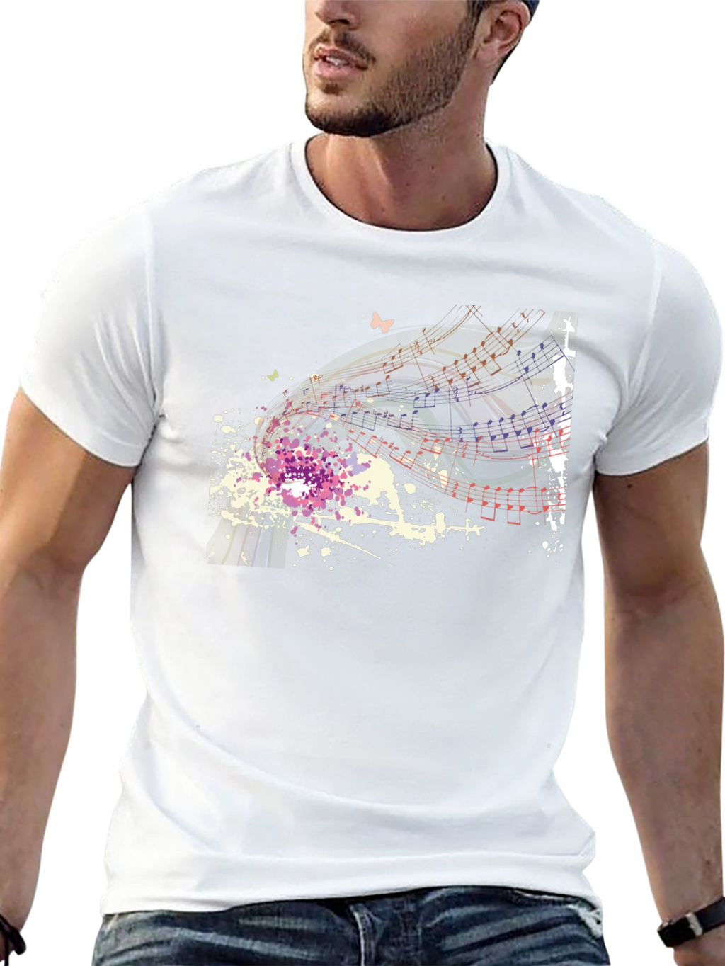 Musical Notes Butterfly Graphic Black T-Shirt