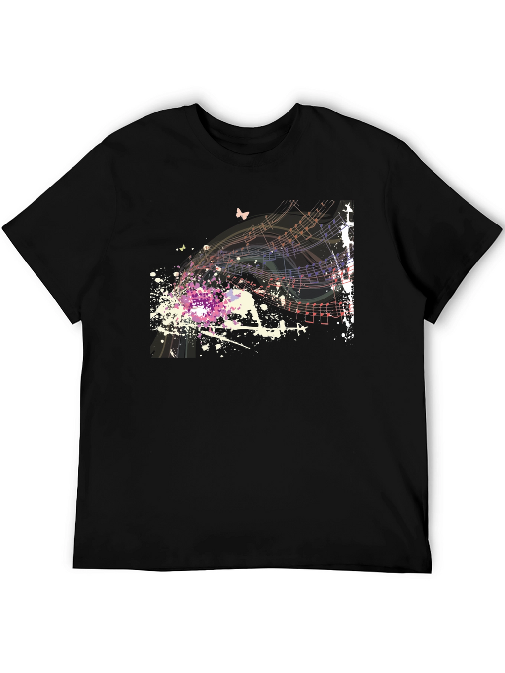 Musical Notes Butterfly Graphic Black T-Shirt