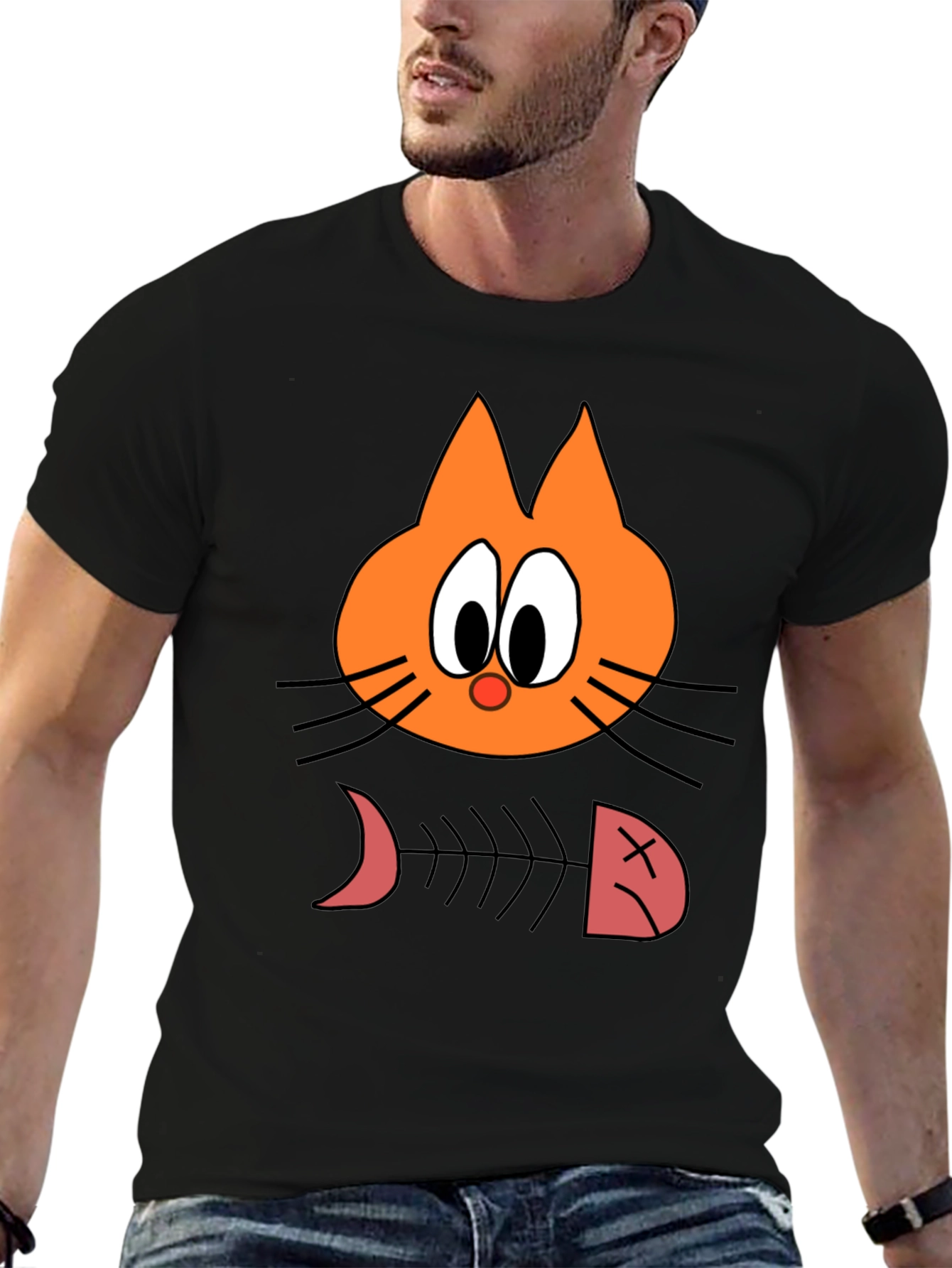 Funny Cat Fishbone Graphic Tee - Unisex Casual Black T-Shirt