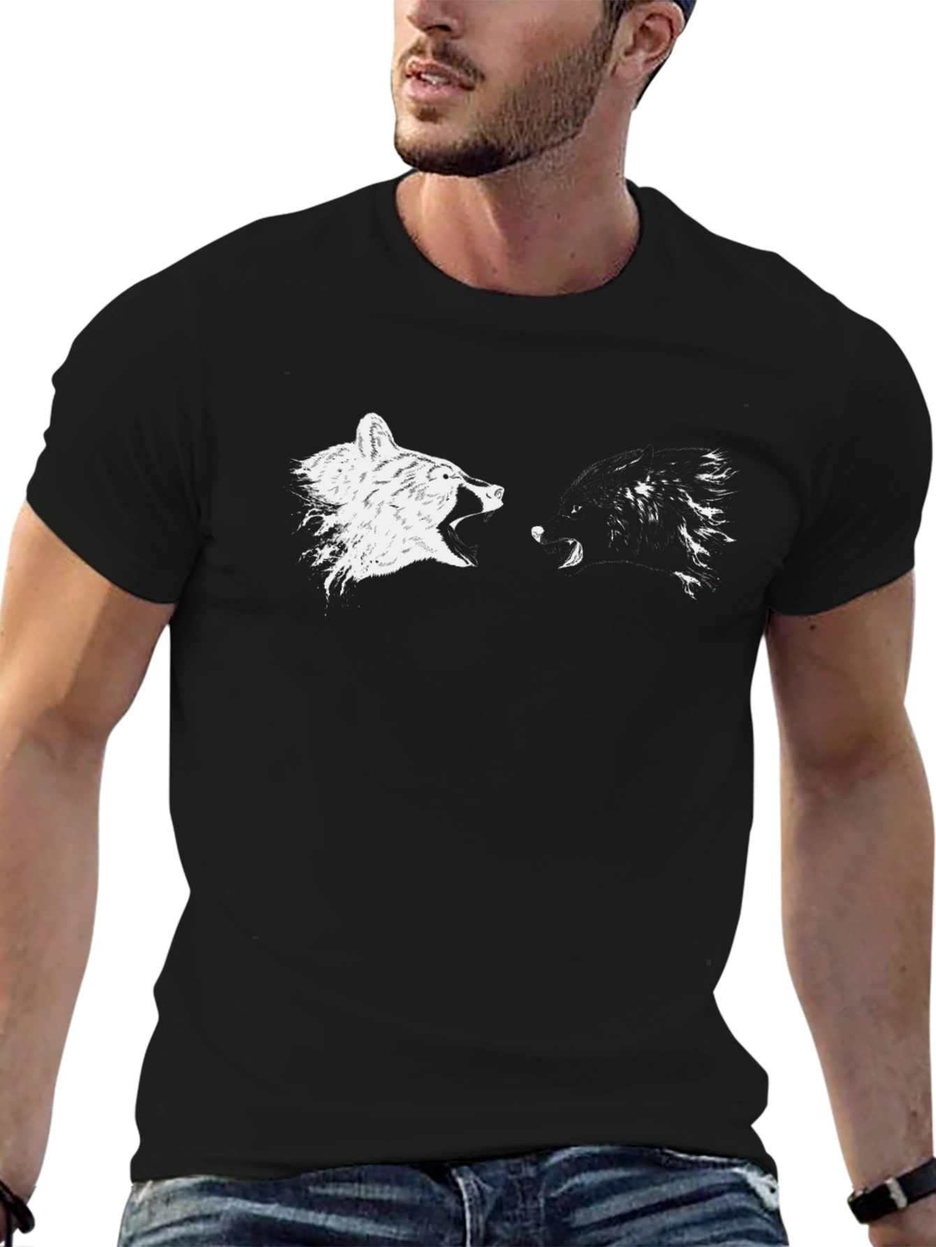 Black T-Shirt with Wolf Howling Print