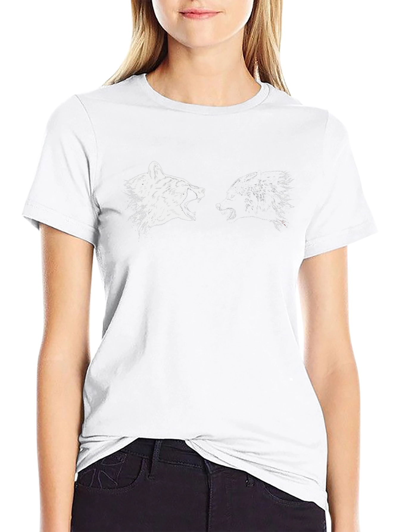 Black T-Shirt with Wolf Howling Print