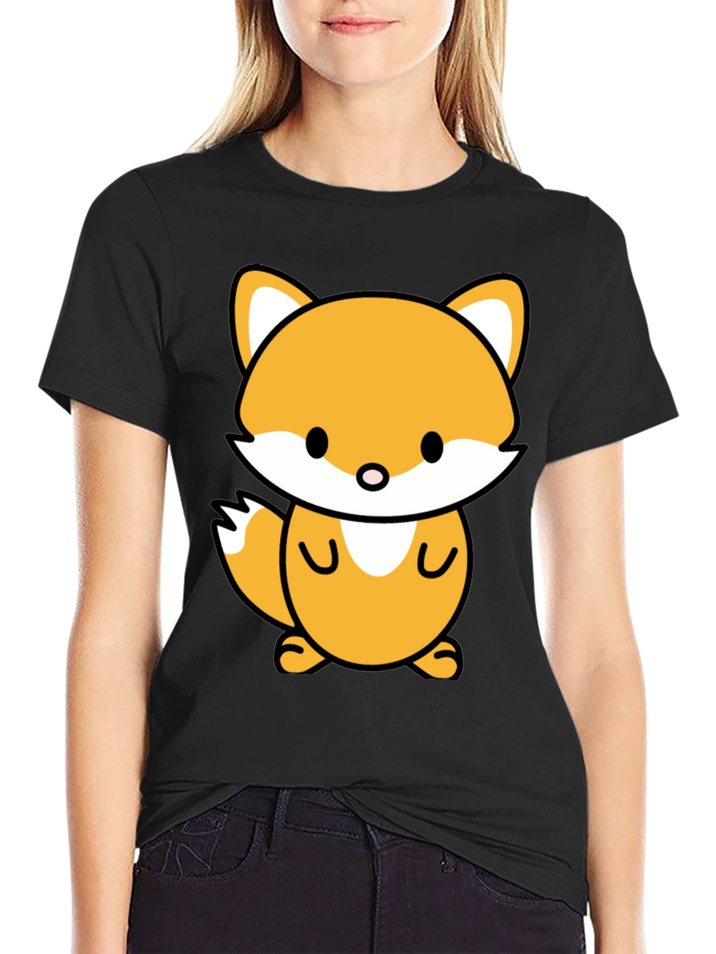 Cute Cartoon Fox Graphic Tee - Stylish Black T-Shirt