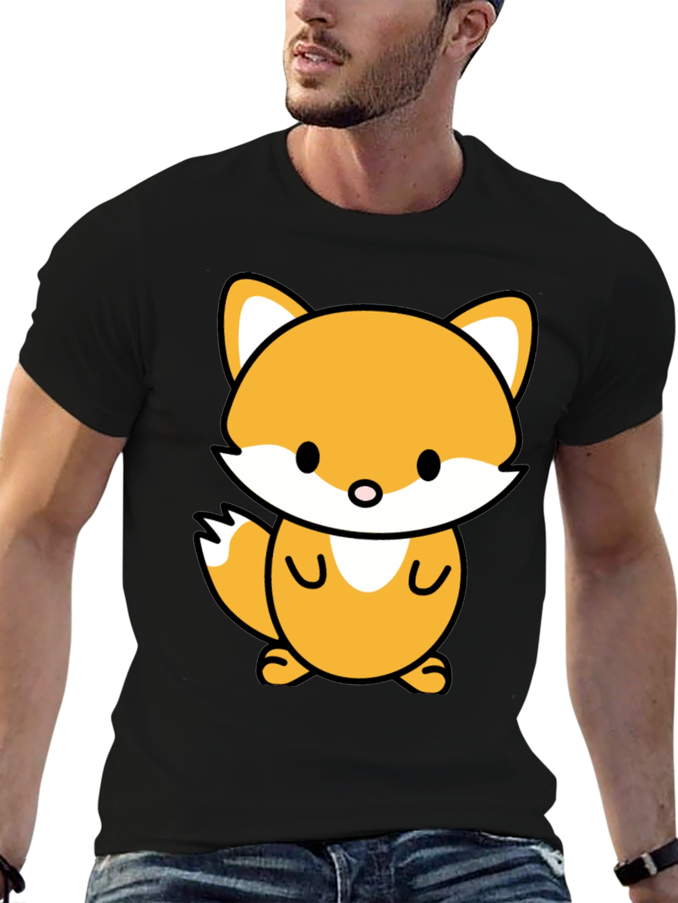 Cute Cartoon Fox Graphic Tee - Stylish Black T-Shirt