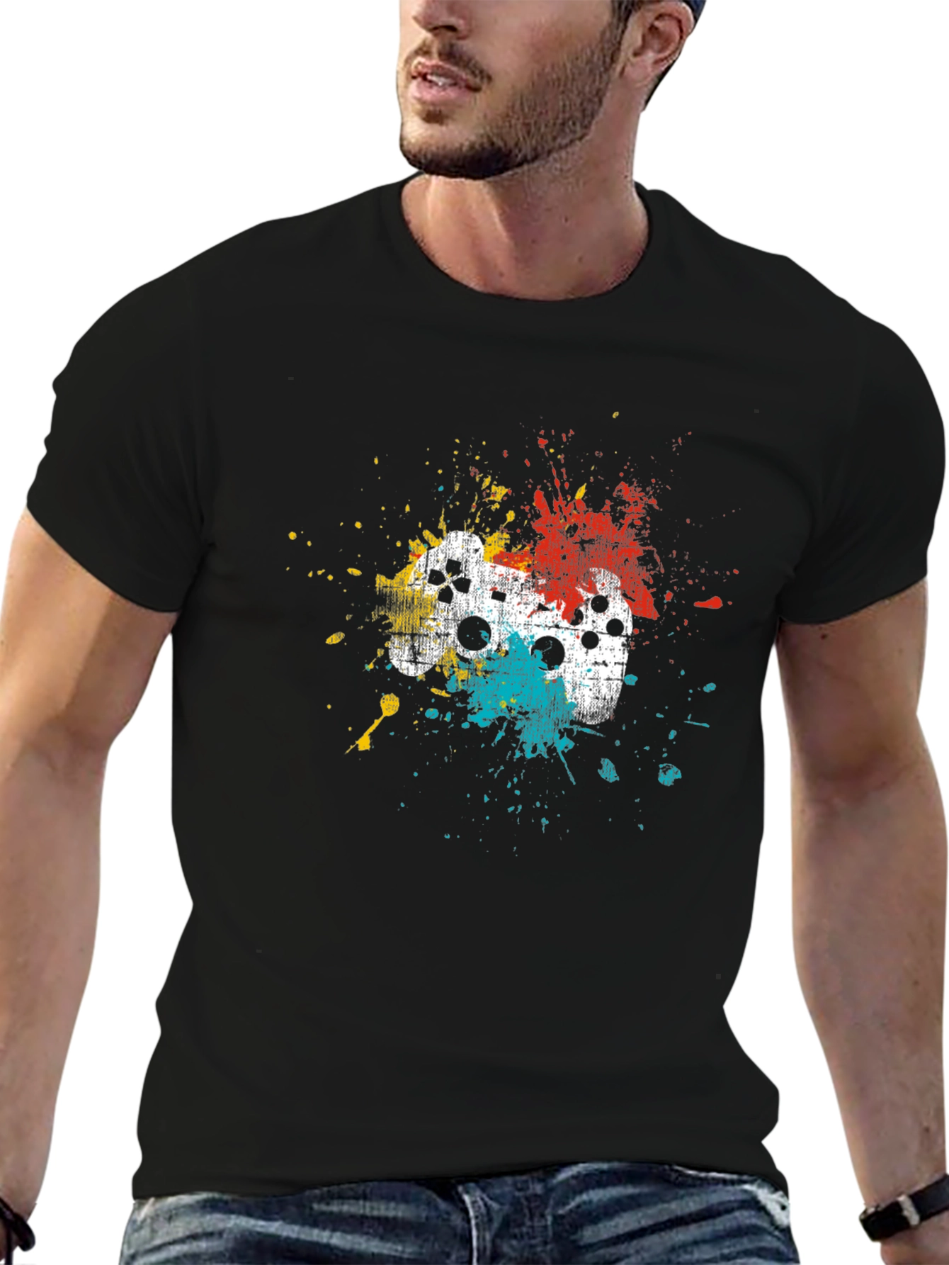 Gamer Controller Splatter Graphic T-Shirt - Black