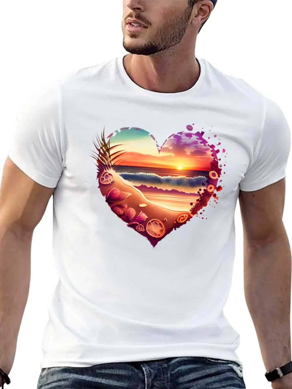 Beach Sunset Heart Graphic Black T-Shirt