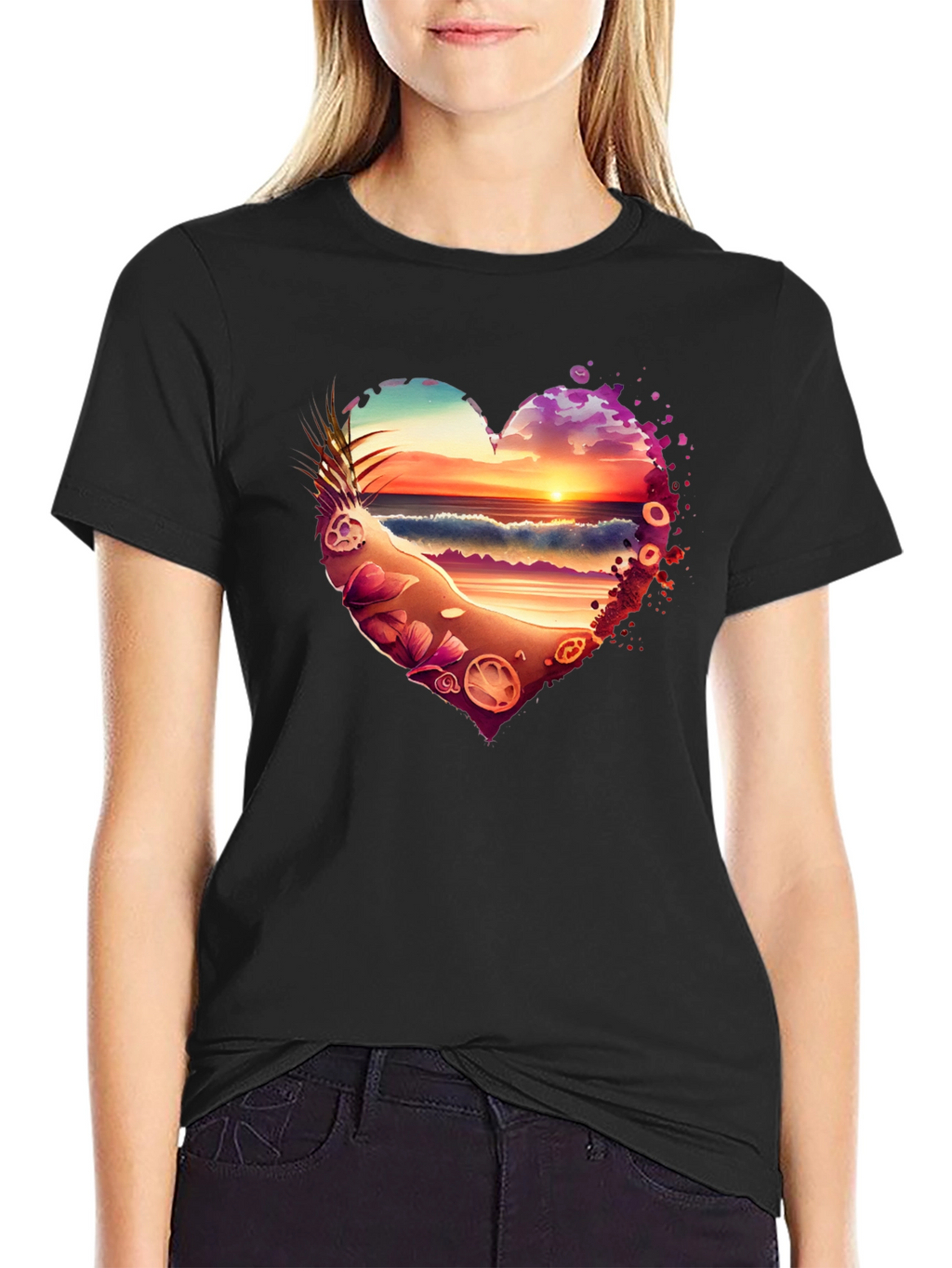 Beach Sunset Heart Graphic Black T-Shirt