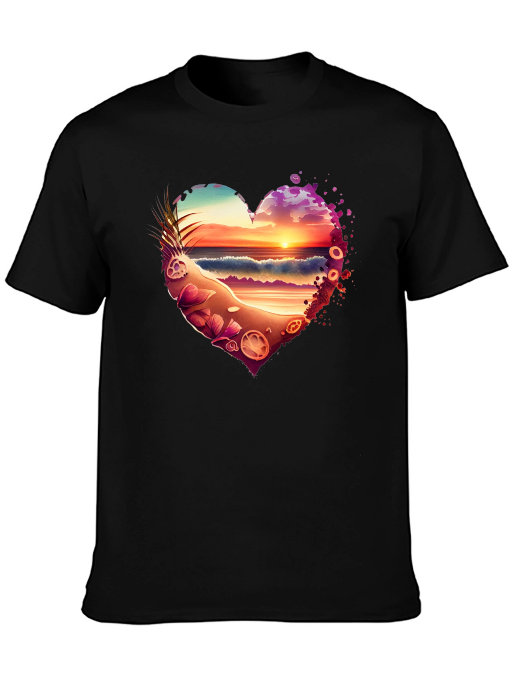 Beach Sunset Heart Graphic Black T-Shirt