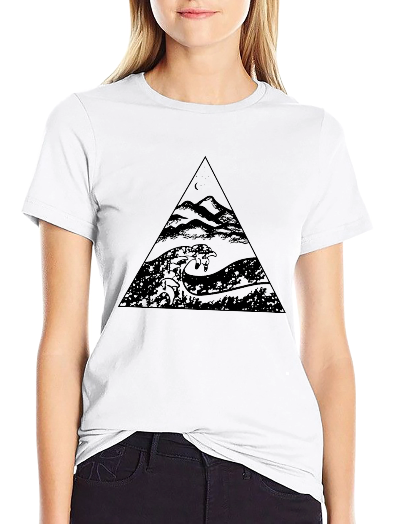Mens Black Triangle Wave & Mountain Graphic Tee