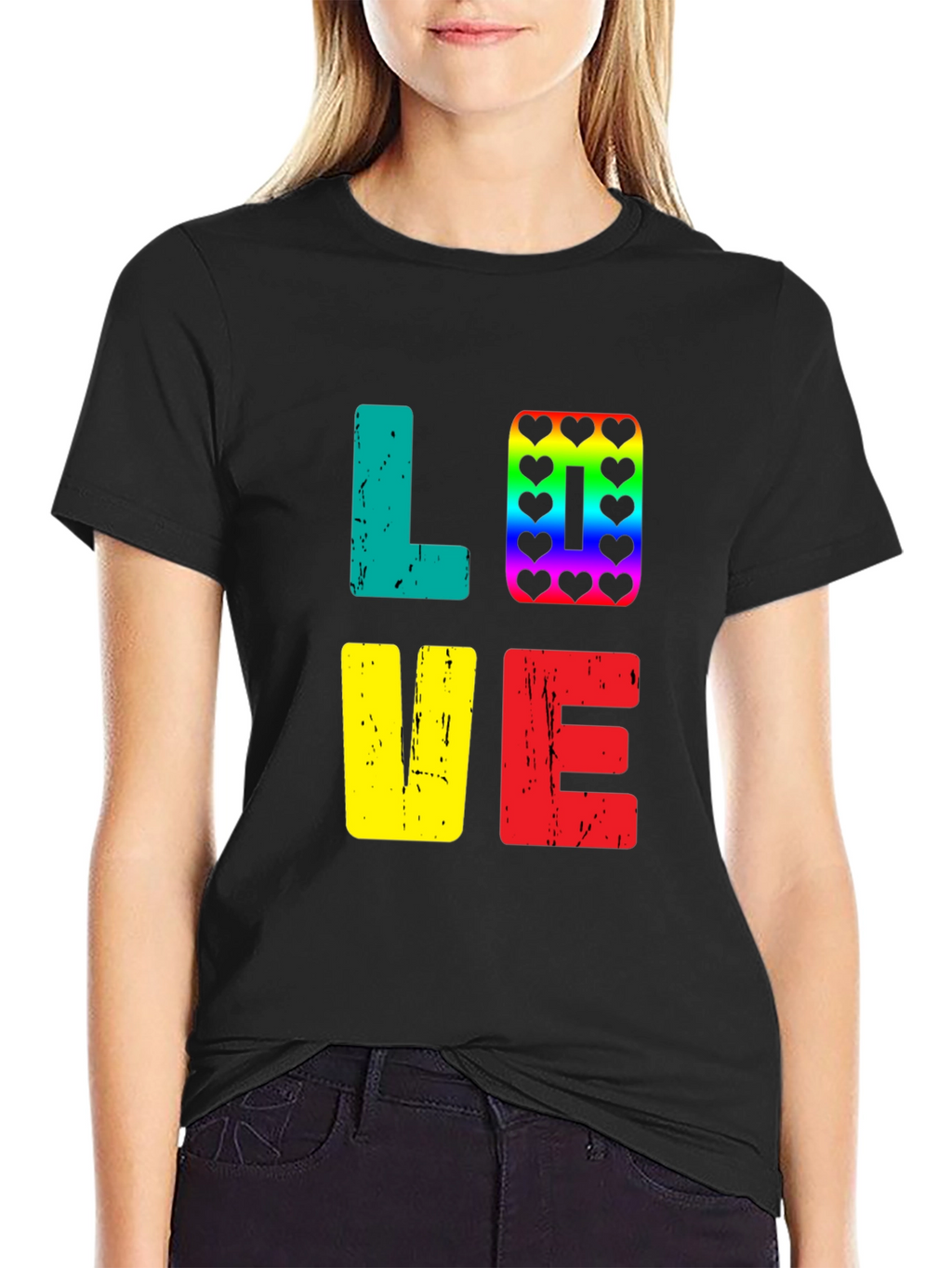 Love Rainbow Heart Graphic Tee - Black