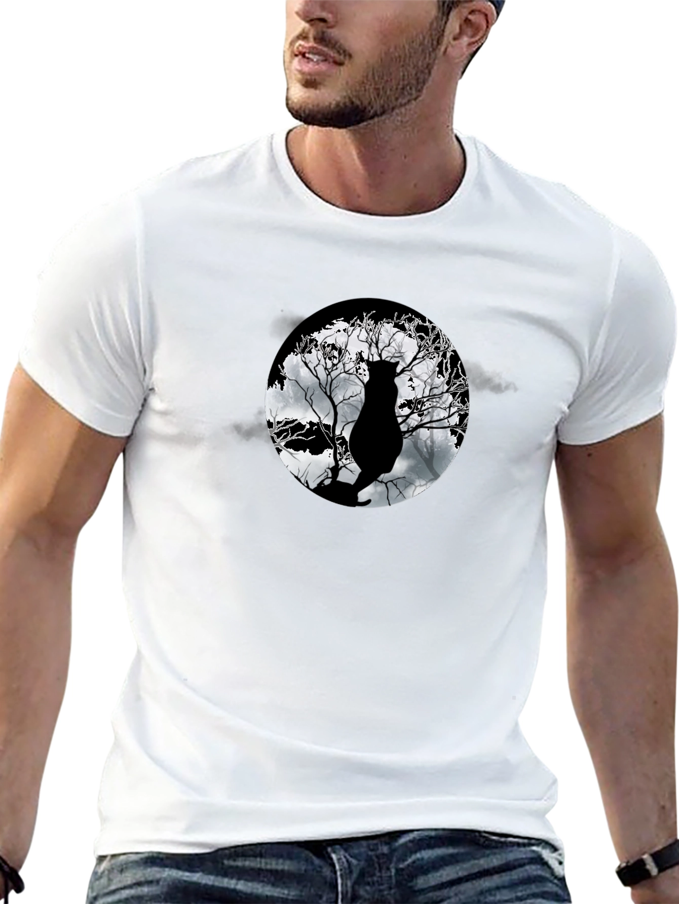 Moonlit Cat Tee - Black Graphic T-Shirt