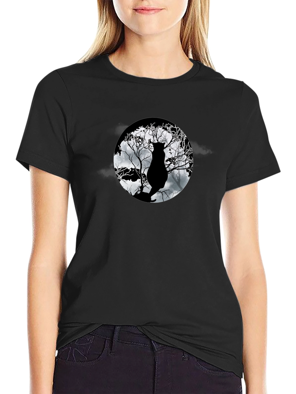 Moonlit Cat Tee - Black Graphic T-Shirt