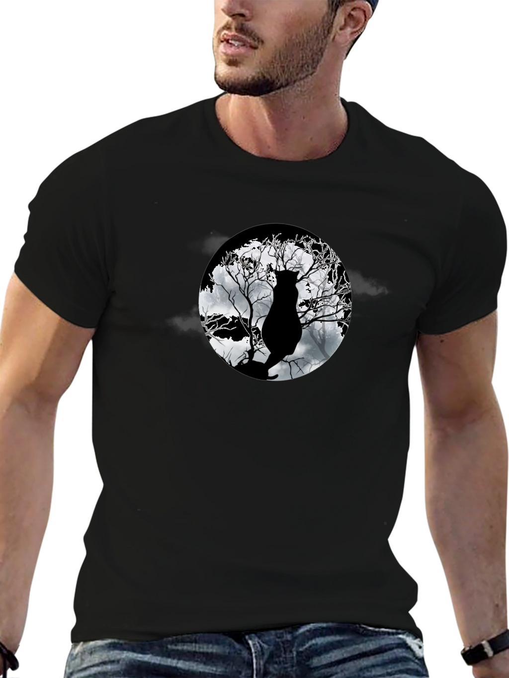 Moonlit Cat Tee - Black Graphic T-Shirt
