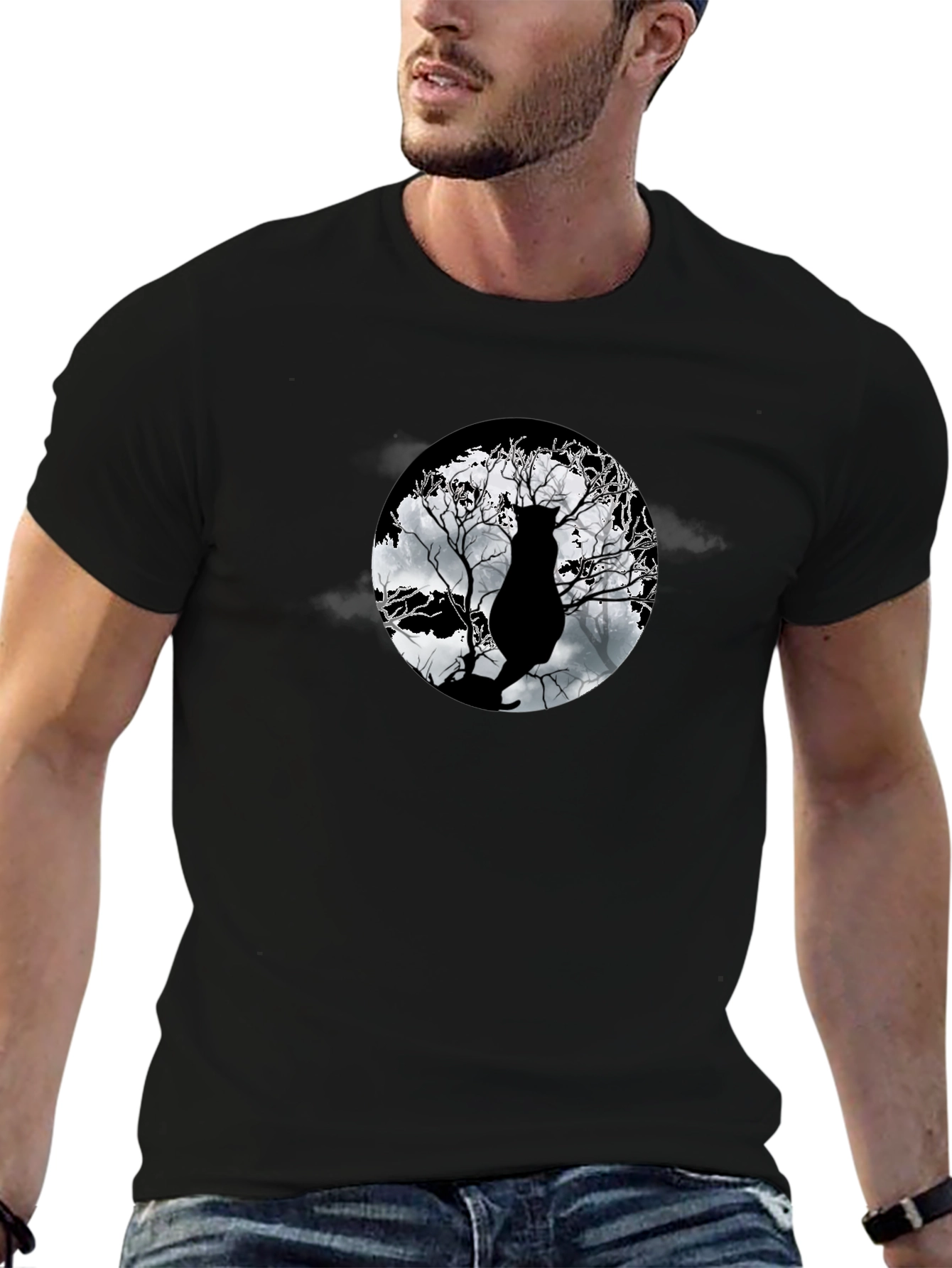Moonlit Cat Tee - Black Graphic T-Shirt