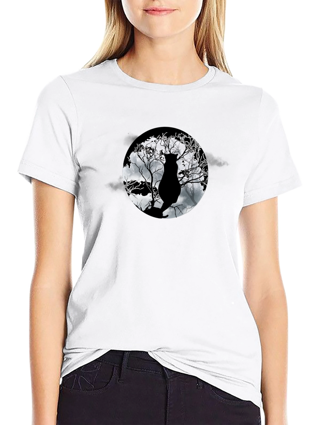 Moonlit Cat Tee - Black Graphic T-Shirt