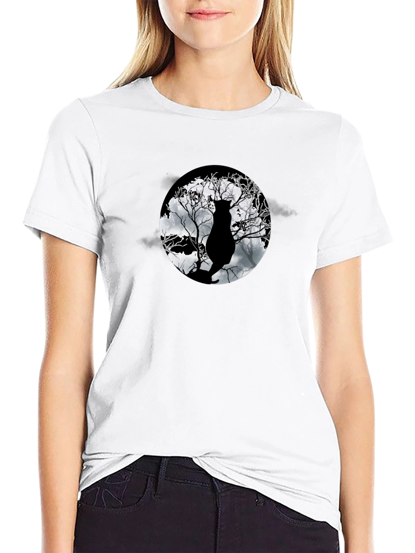 Moonlit Cat Tee - Black Graphic T-Shirt