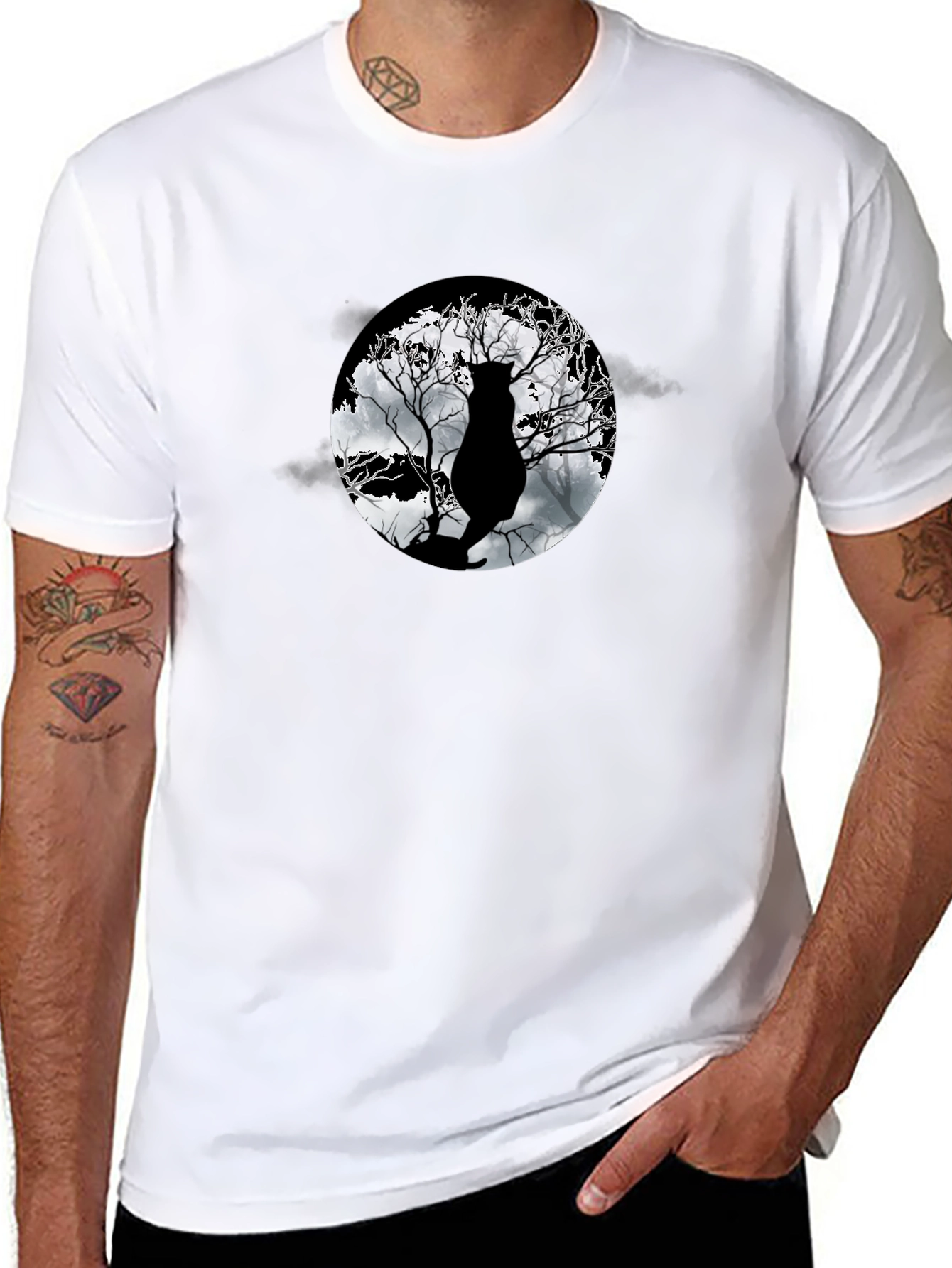 Moonlit Cat Tee - Black Graphic T-Shirt