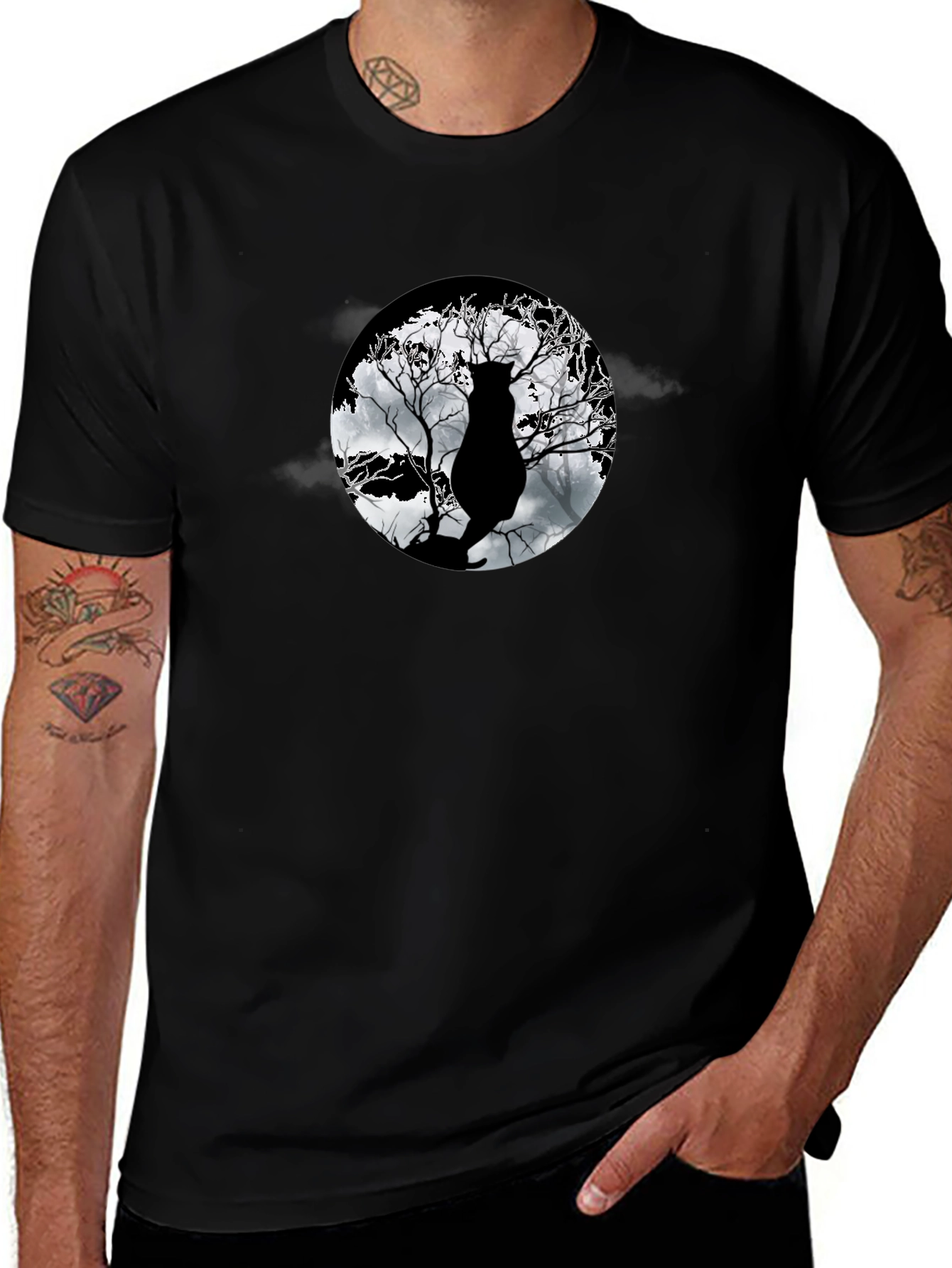 Moonlit Cat Tee - Black Graphic T-Shirt